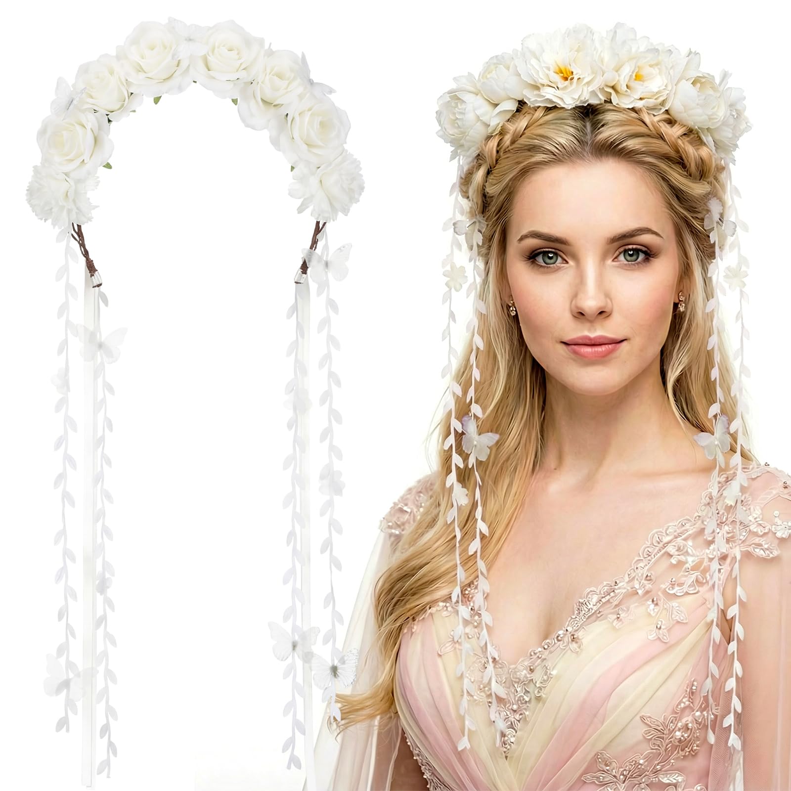 Syhood Flower Headband Floral Fairy Crown Adjustable Butterfly Flower Headpiece with Ribbon for Bridal Renaissance(White)