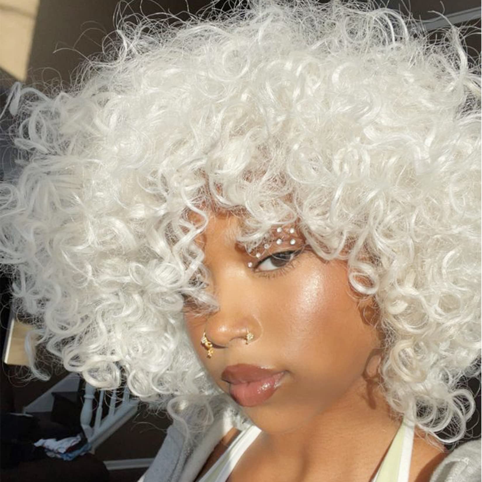 andromeda White Curly Wigs for Black Women White Soft Short Curly Wig with Bangs Heat Resistant Synthetic Fiber Hair Cosplay Par