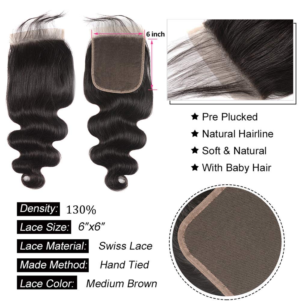 6X6 Closure Human Hair Pre Plucked Closure Body Wave 6 By 6 Free Part With Baby Hair Unprocessed 100% Human Hair Swiss Lace 130%