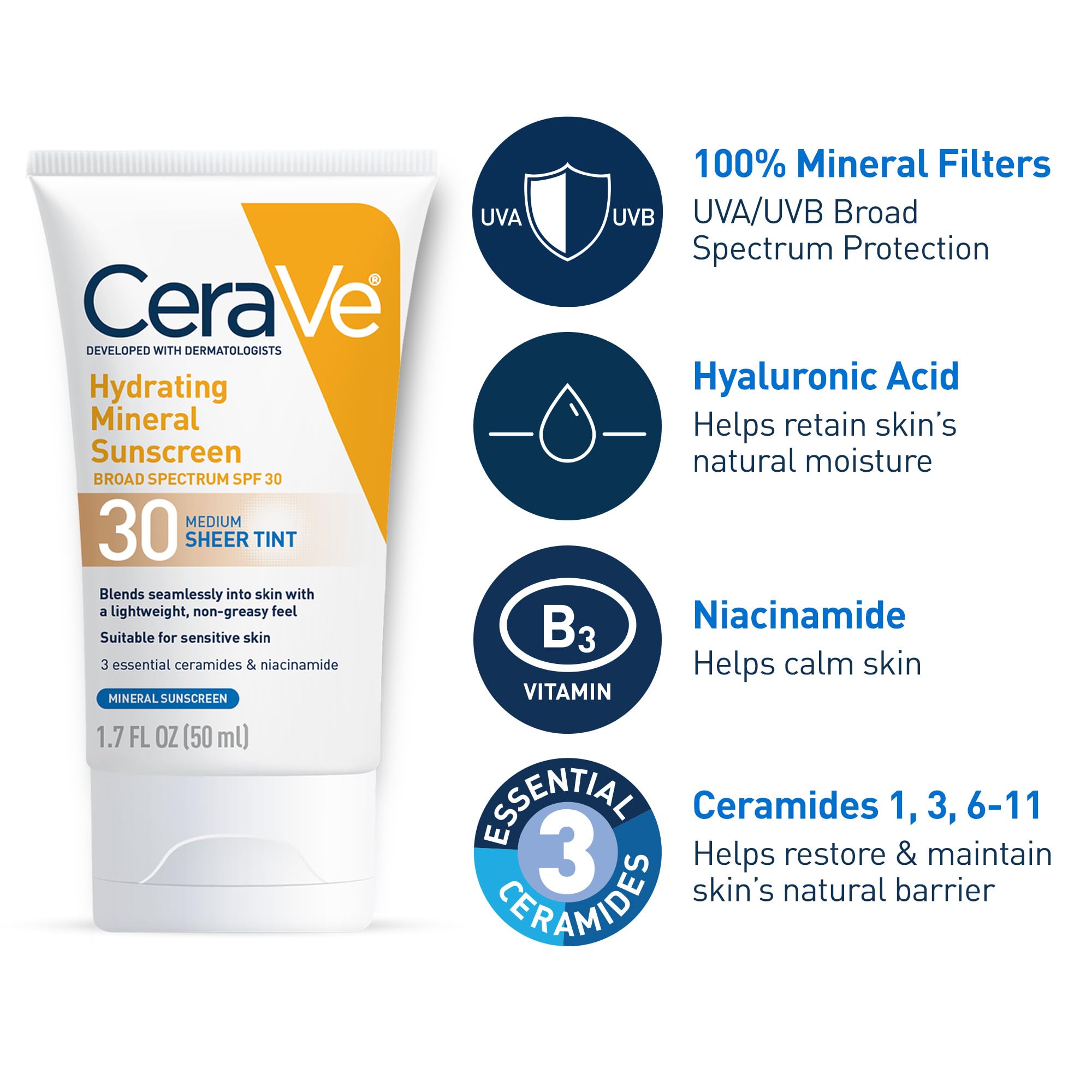 Cerave Hydrating Mineral Sunscreen Spf 30 With Sheer Tint | Tinted Mineral Sunscreen With Zinc Oxide & Titanium Dioxide | Blends