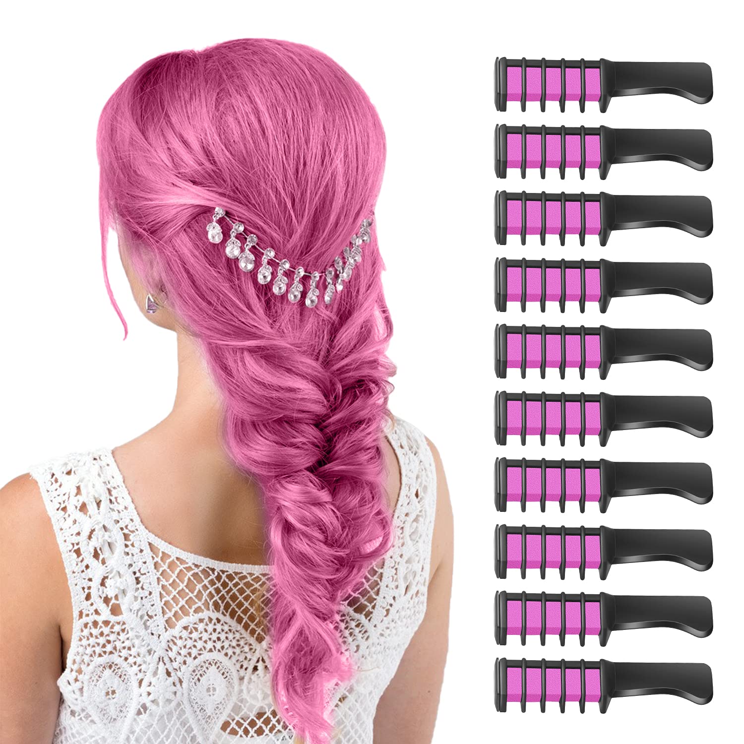 MSDADA Pink Hair Chalk for Girls - 10 Pcs New Hair Chalk Comb Temporary Washable Hair Color Dye for Kids - Makeup Birthday Party
