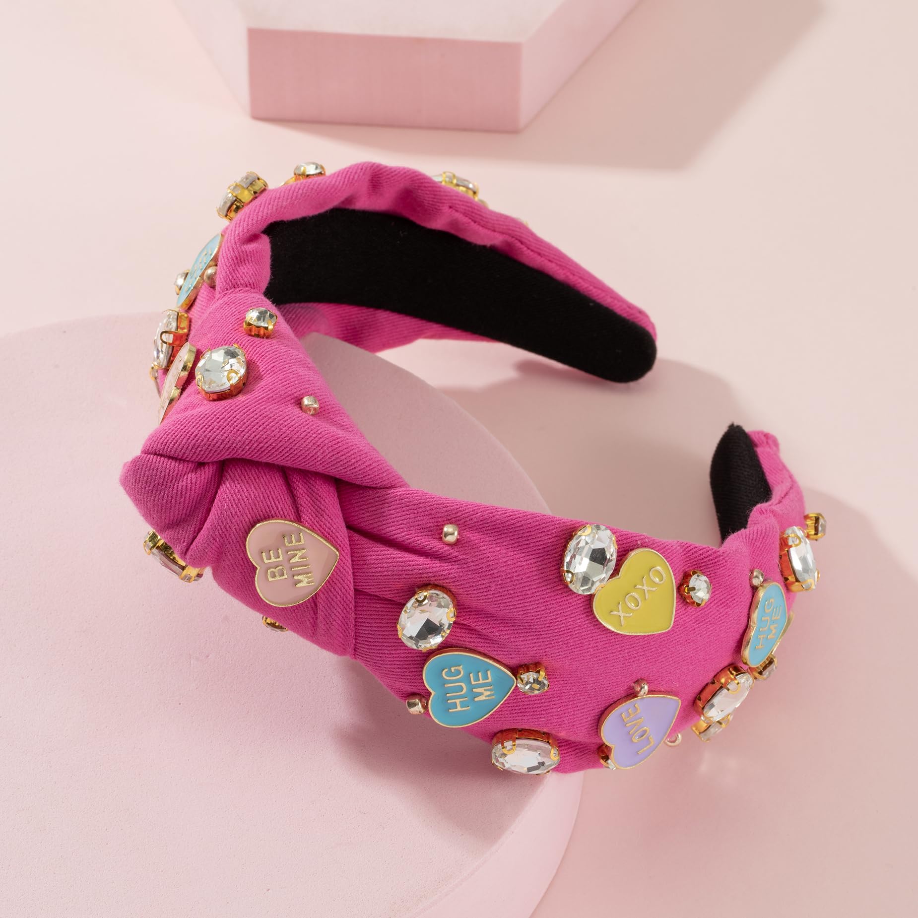 Valentine'S Day Rhinestone Headband For Women Hot Pink Heart Xoxo Love Charm Embellished Top Hairband Twist Wide Hair Band (Vale