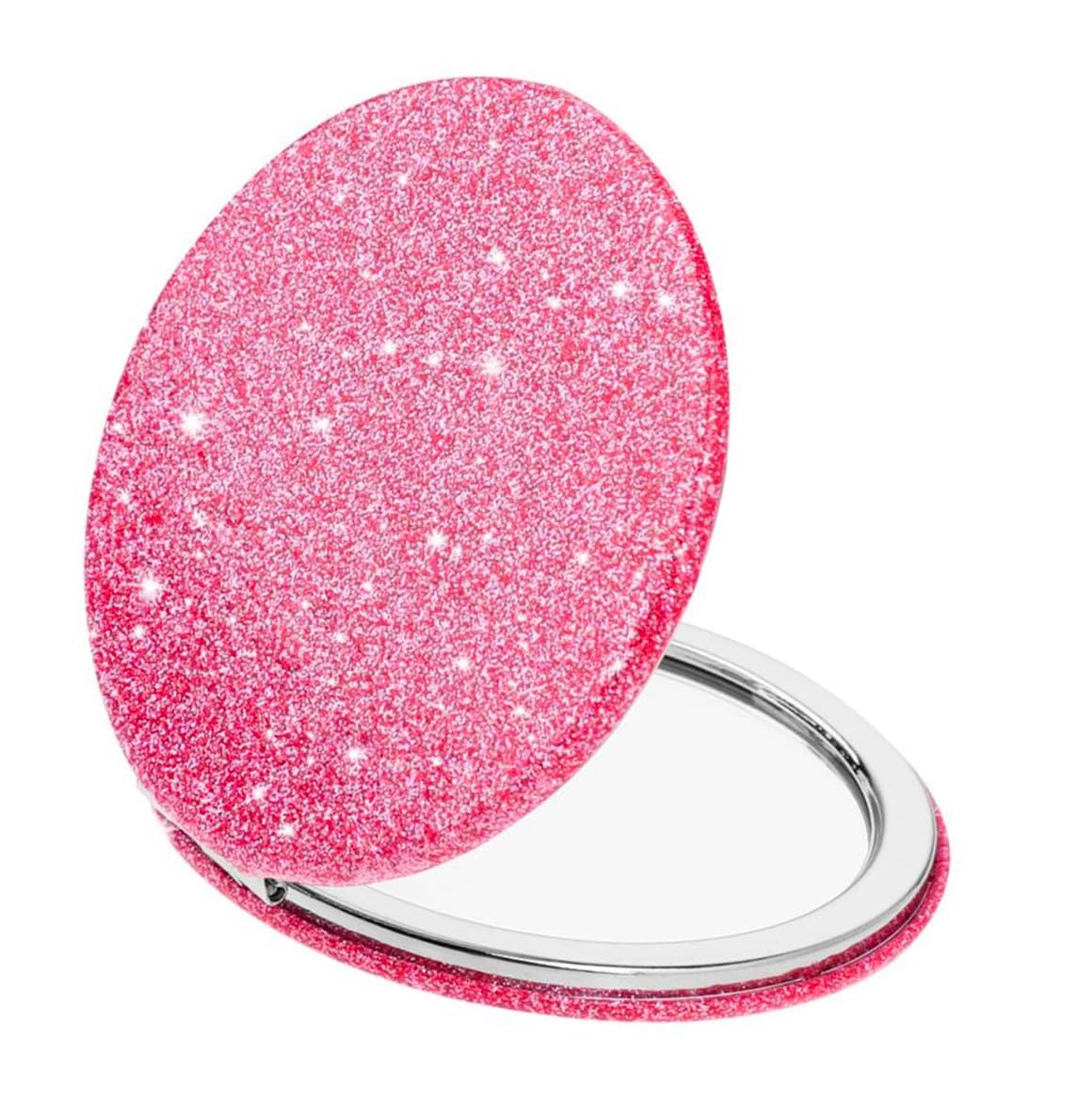 Mpowtech Cute Pink Compact Mirror For Women,Small Magnifying Travel Mirror With Glitter,Portable 2 X 1X Magnification Folding Po