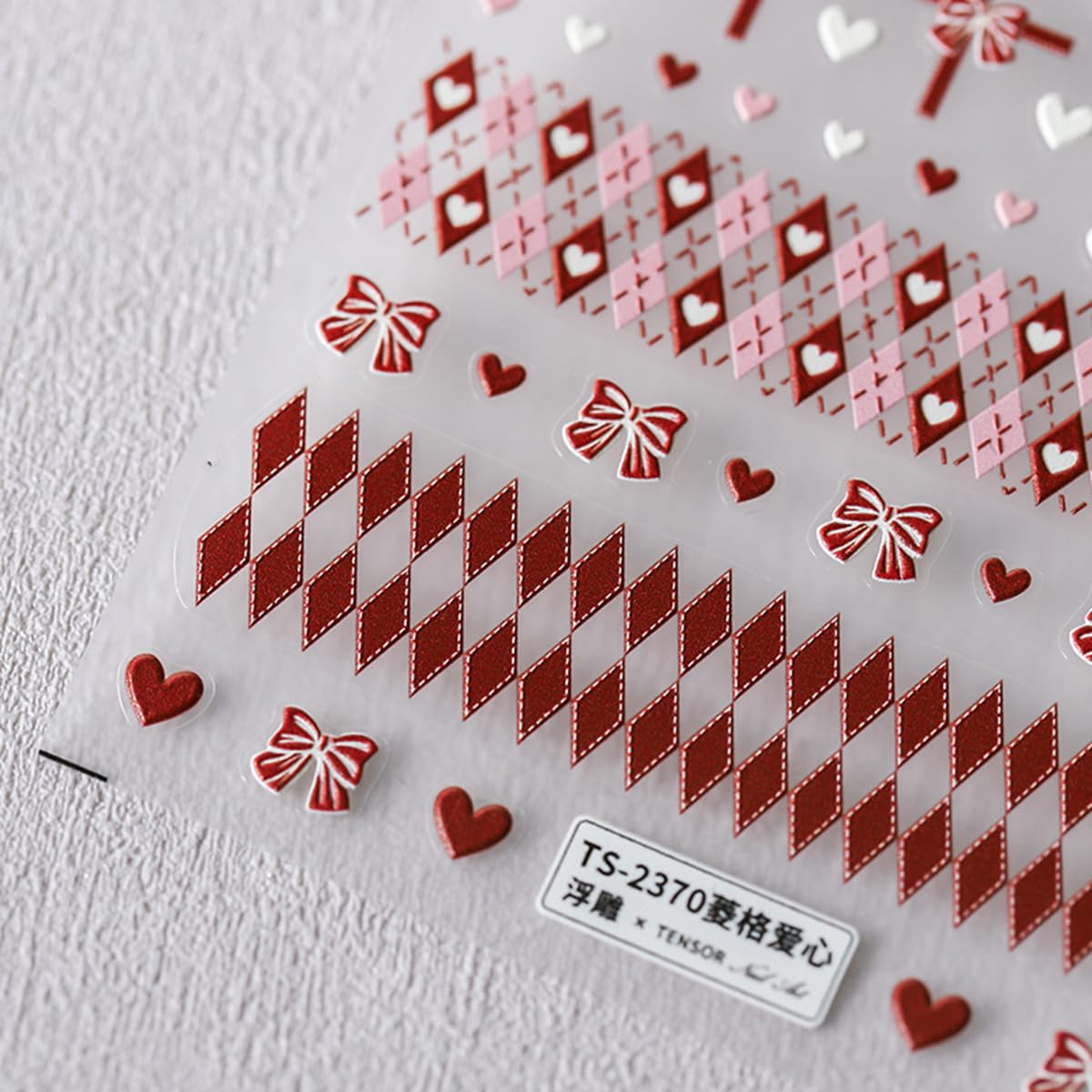 Valentine's Day Nail Art Stickers Decals 5D Embossed Nail Decals Red Love Heart Bow Rhombus Love Heart Design Valentines Nail Ad
