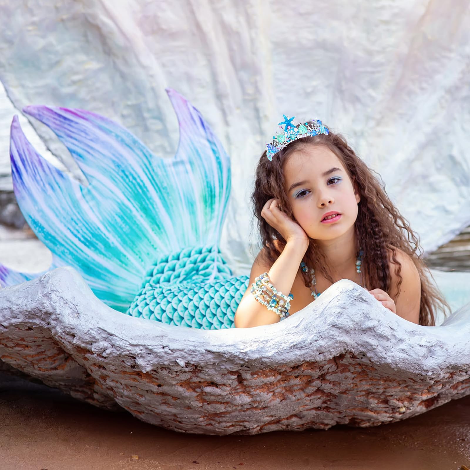 Cieher Mermaid Crown For Women Girls Mermaid Princess Blue Starfish Tiara Seashell Crown Mermaid Party Mermaid Birthday Decorati