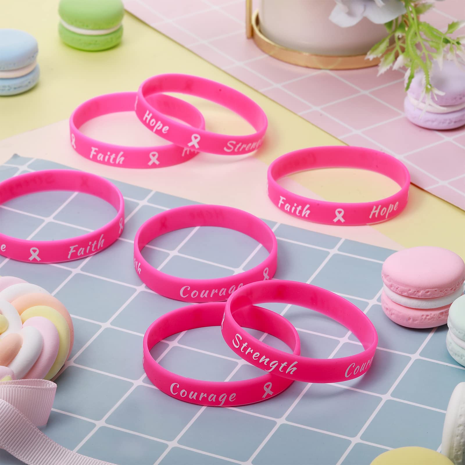 Sratte 360 Pcs Breast Cancer Awareness Pink Ribbon Bracelets Rubber Wristbands for Women Party Public Events Breast Cancer Decor