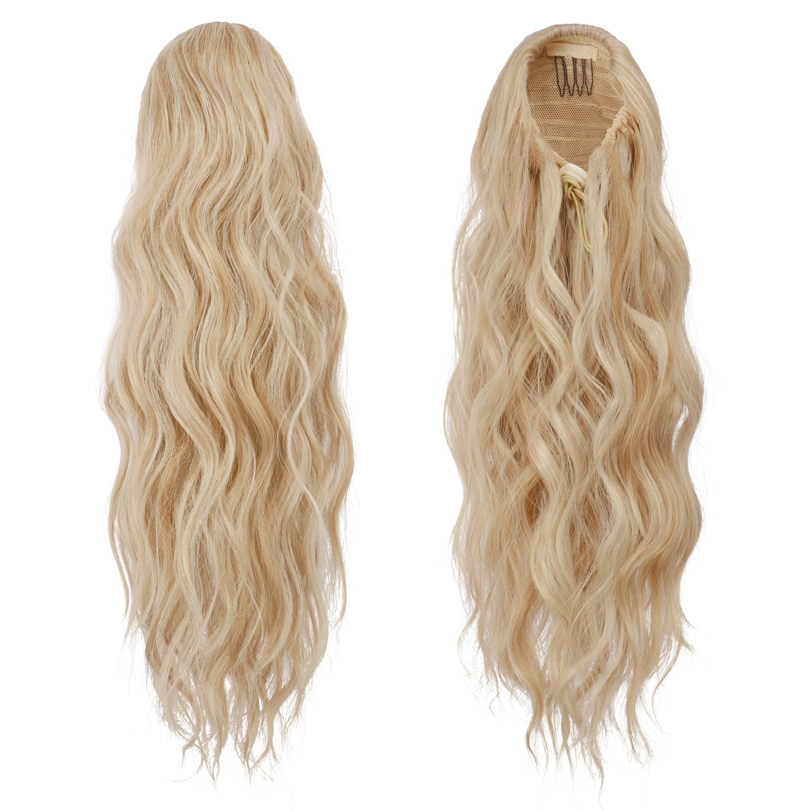 FESHFEN Ponytail Extensions, Drawstring Ponytails Hair Extension Honey Blonde Mix Platinum Blonde Long Curly Wavy Hair Piece Syn
