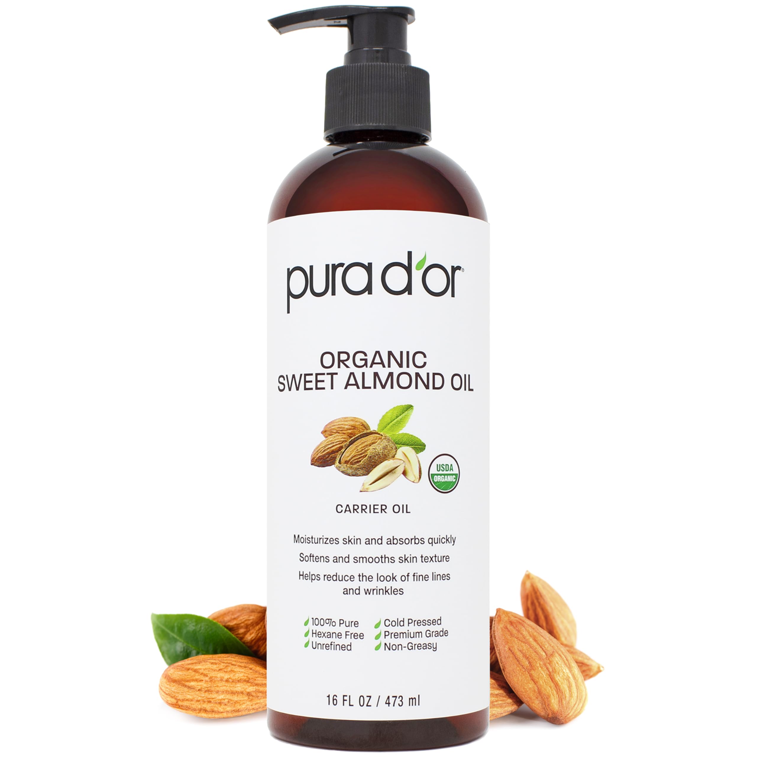 Pura D'Or 100% Pure 16Oz Organic Sweet Almond Oil - Usda Certified Massage Oil For Massage Therapy - Hexane Free Cold Pressed Bo