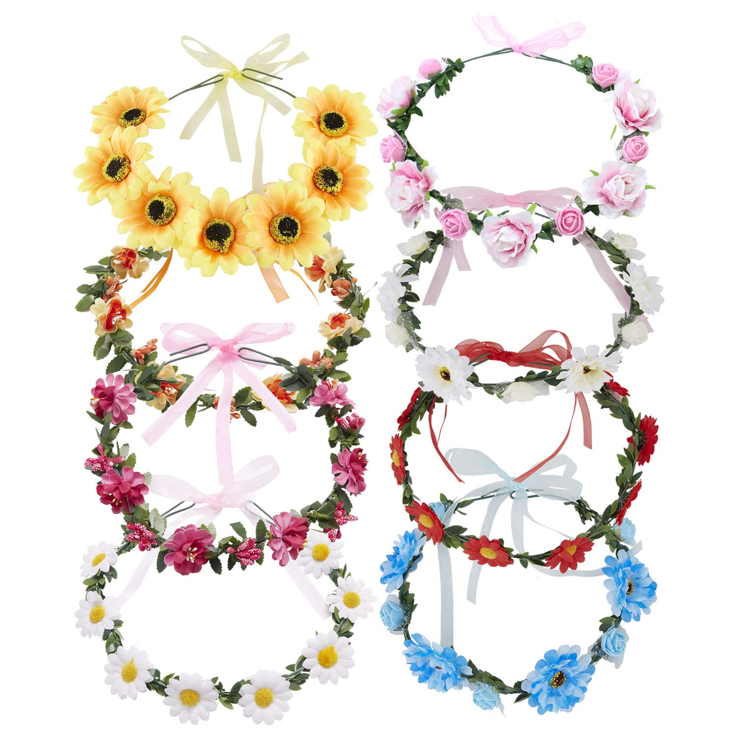 Lawie 8 Pack Boho Flower Crowns Floral Wreath With Ribbon Halo Headbands Garland Wedding Bridal Bridesmaid Headpiece Tiara Sunfl