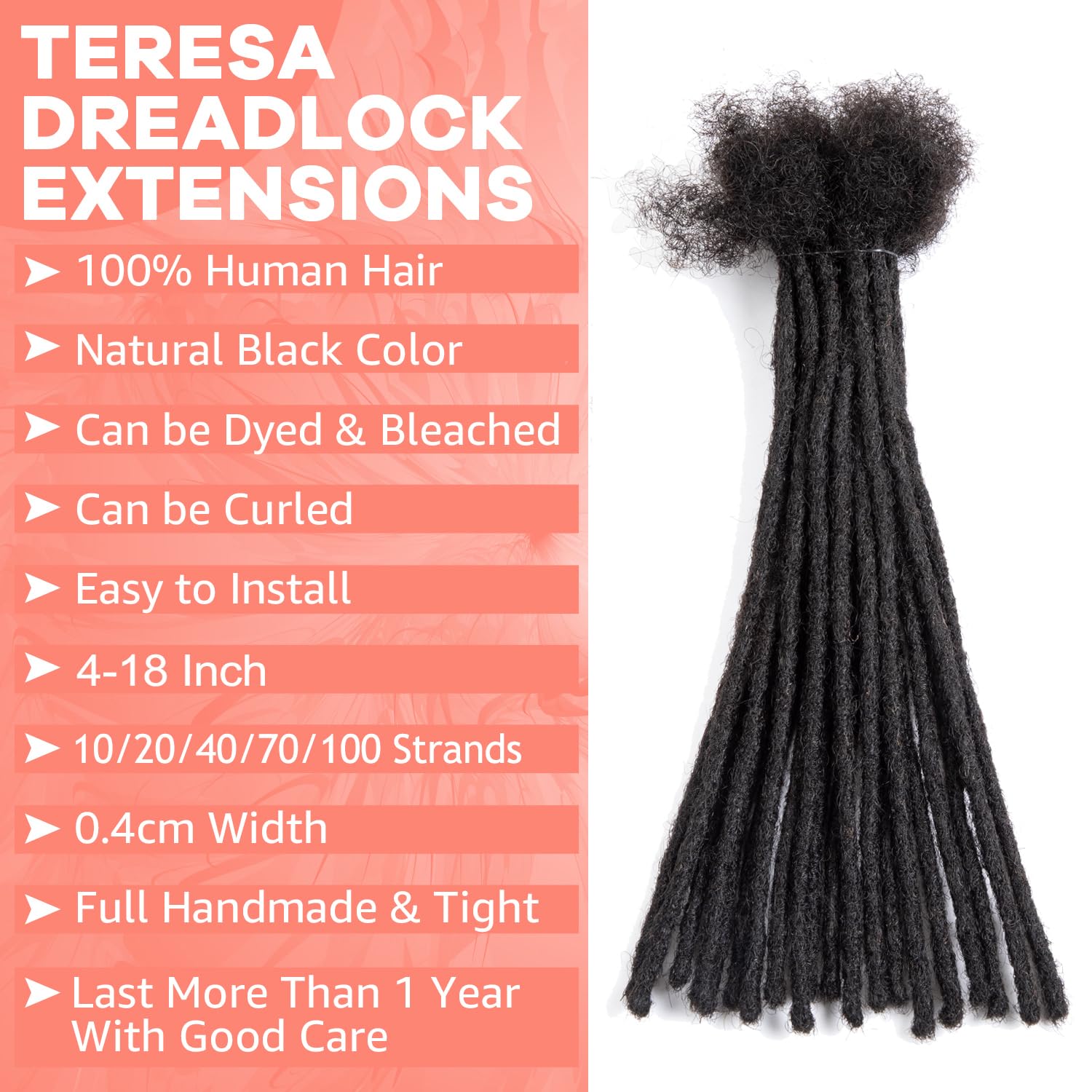 Teresa 8 Inch 0.4Cm Width Loc Extension Human Hair Natural Black 60 Strands Full Hand-Made Permanent Locs Extensions Can Be Dyed
