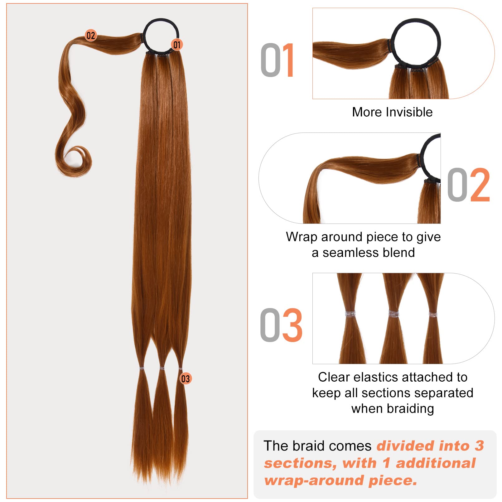 Seikea Upgraded Long Braid Ponytail Extension With Elastic Tie Straight Sleek Wrap Around Braid Hair Extensions Ponytail Copper