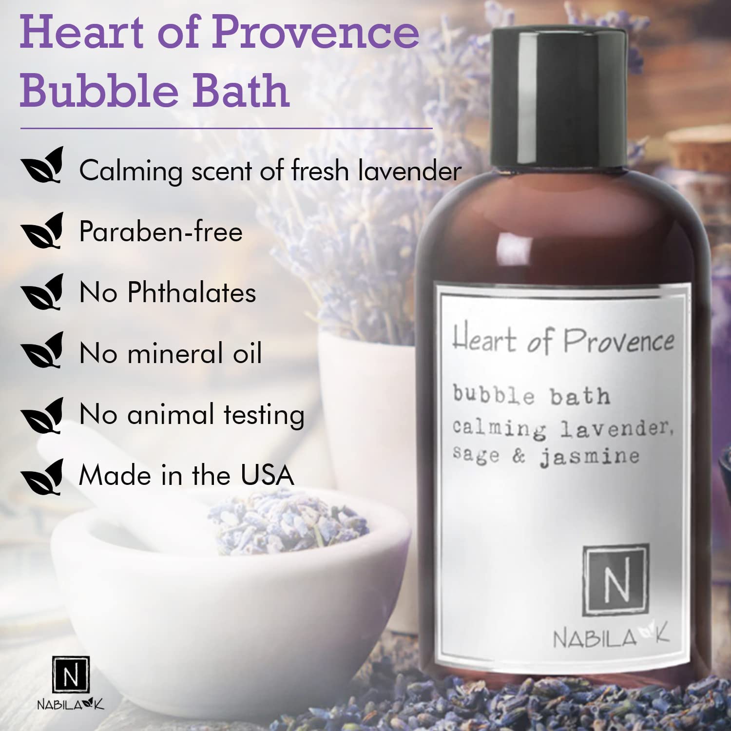 Heart Of Provence Travel Size Bubble Bath With Lavender, Sage & Jasmine Scent By Nabila K - Essential Oils, Natural Ingredients