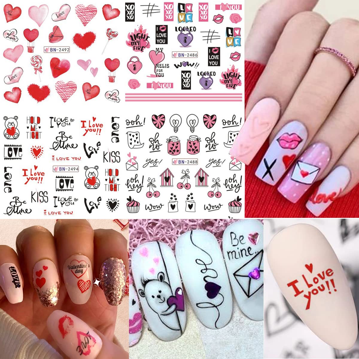 24Pcs Valentine 'S Day Nail Art Stickers - Heart Nail Water Decals Transfer Foils Valentine 'S Series Sticker For Nails Red Love