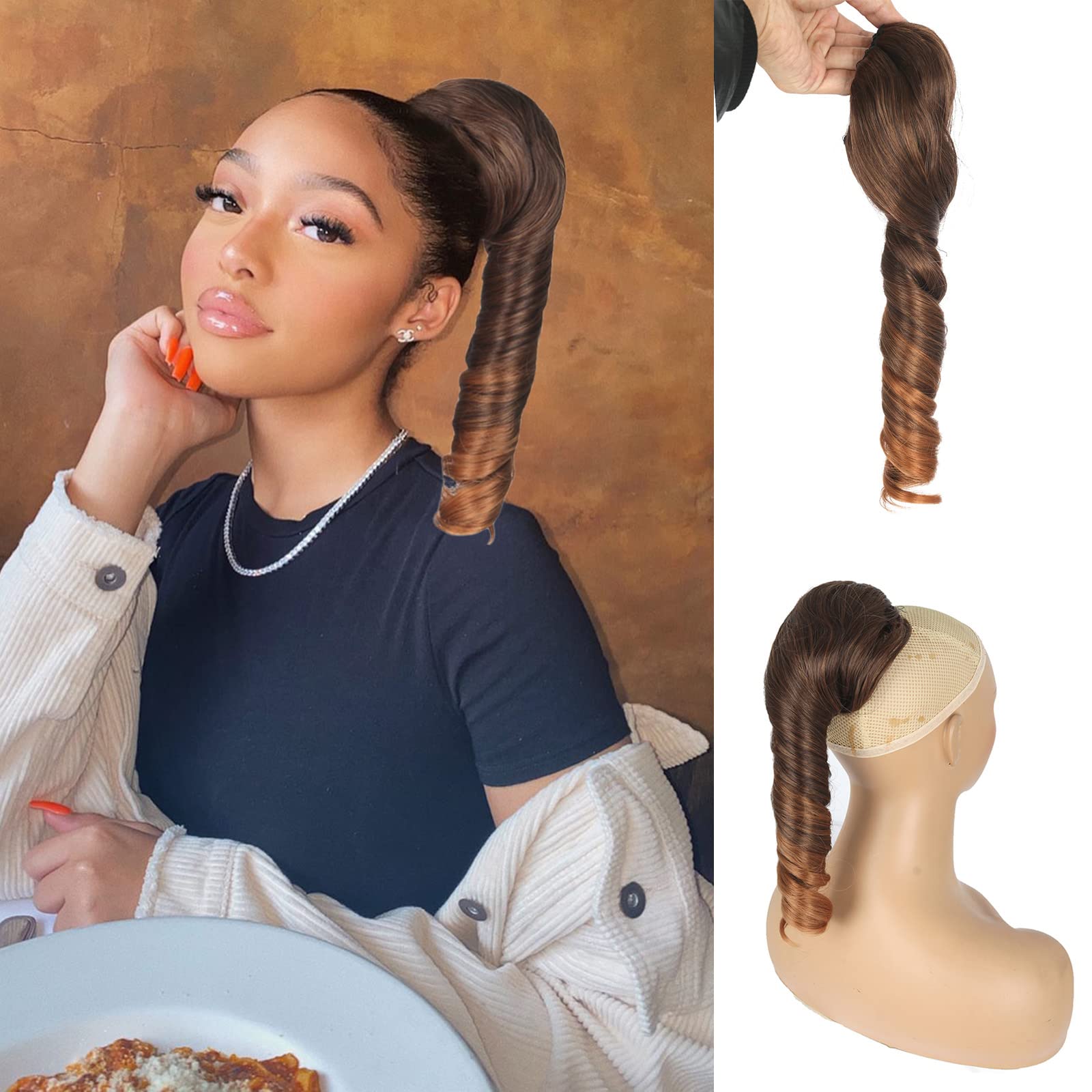 Oseti Short Curly Hair Extensions Spiral Curl Drawstring Ponytail for Black Women 14inch Ombre Brown Blonde Ponytail Extension R