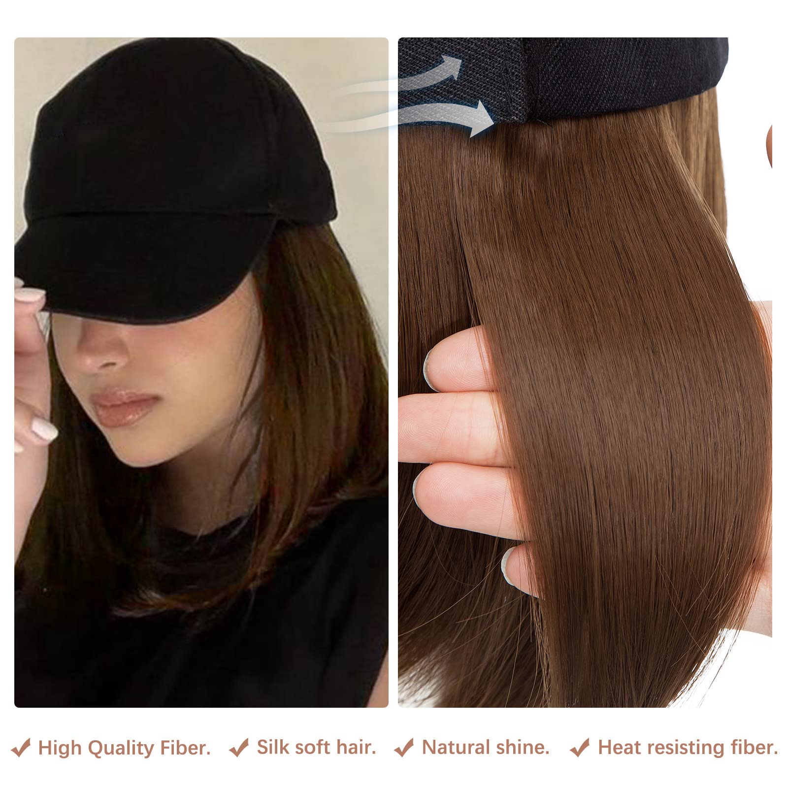 Sego Baseball Cap With Hair Extensions For Women Heat Resistant Synthetic 6'' Adjustable Short Straight Hairpiece Replacement Wi