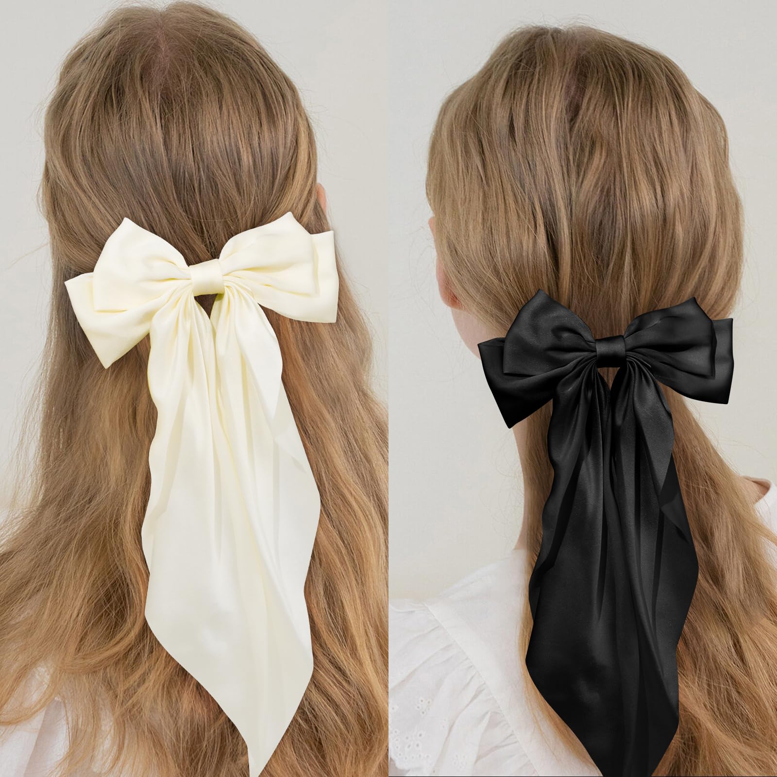 Whavel Hair Bow, 4Pcs Hair Bow Ribbon For Hair Silky Satin Bow Clips With Long Tail - Cute Hair Clips (Black, Beige) For Women A
