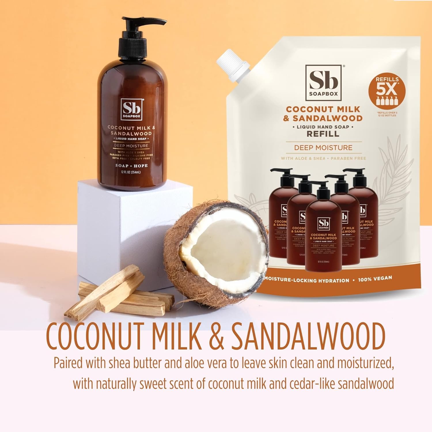 Soapbox Liquid Hand Soap, Coconut Milk & Sandalwood, Gentle & Moisturizing Hand Wash For Kitchen And Bathroom, Vegan & Cruelty F