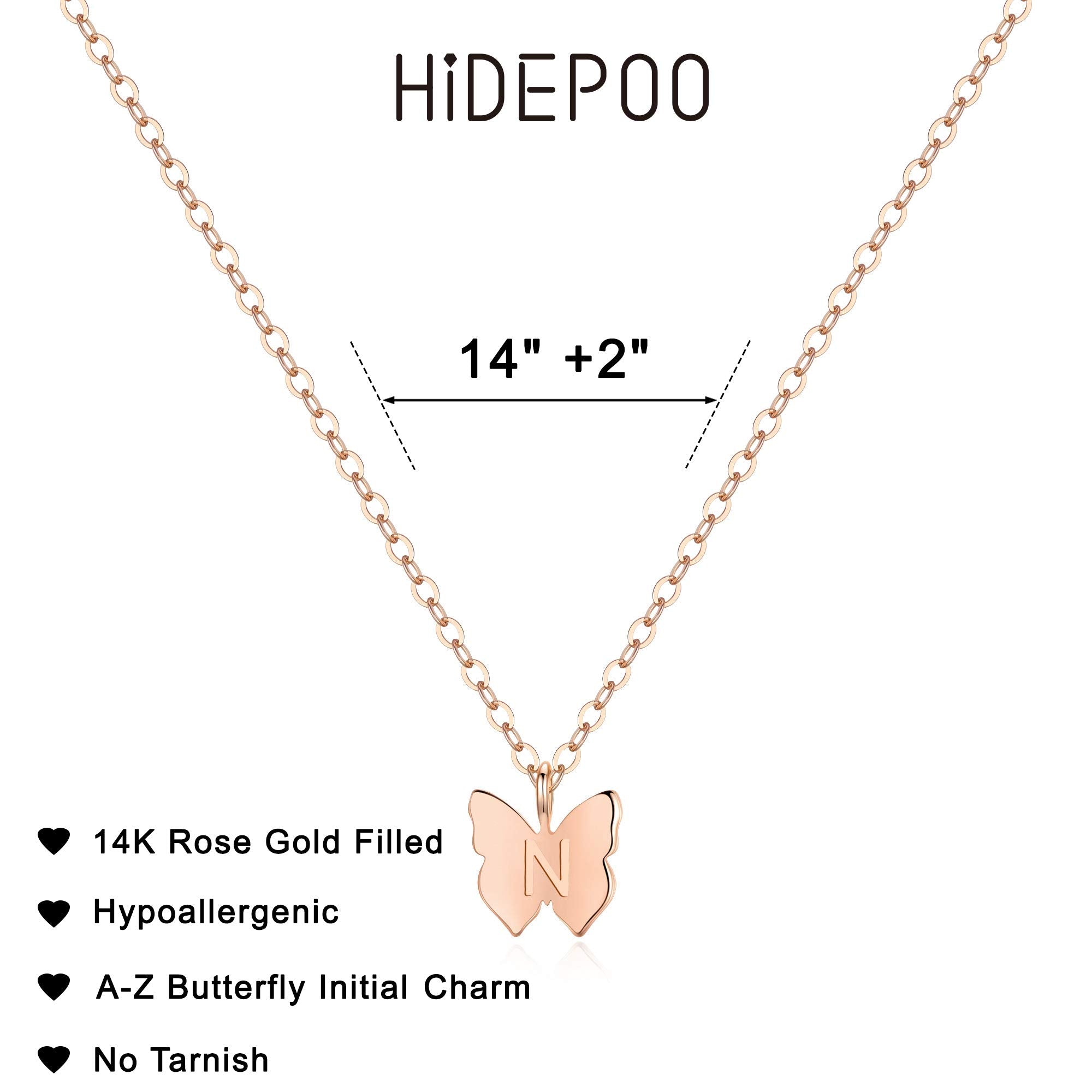 Hidepoo Initial Butterfly Necklace for Women Girls - Dainty 14K Rose Gold Filled Letter N Alphabet Butterfly Pendant Necklace De
