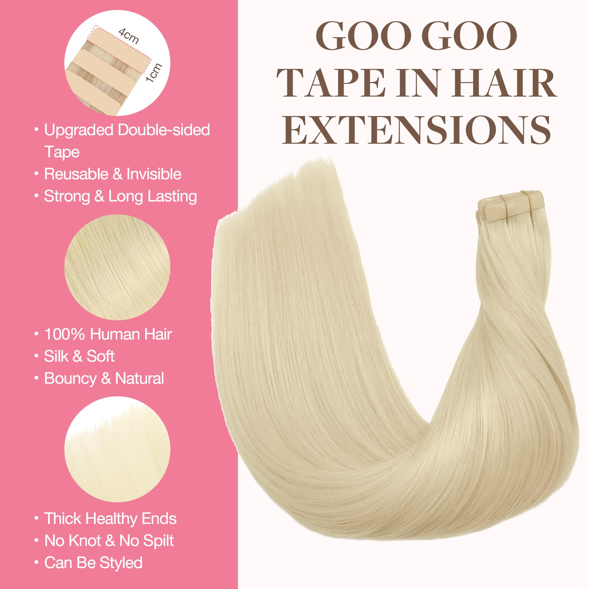 Goo Goo Tape In Hair Extensions Human Hair, 60A Platinum Blonde, 10Inch 30G 20Pcs, Thick Ends Straight Seamless Tape In, Invisib
