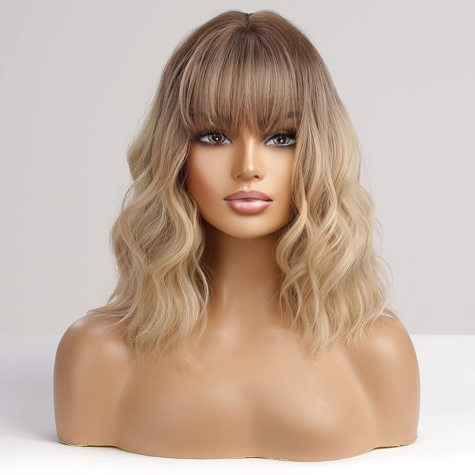 HAIRCUBE Short Blonde with Dark Roots Curly Wigs With Bangs,Wavy Bob Wigs for Women Heat Resistant Synthetic Wigs