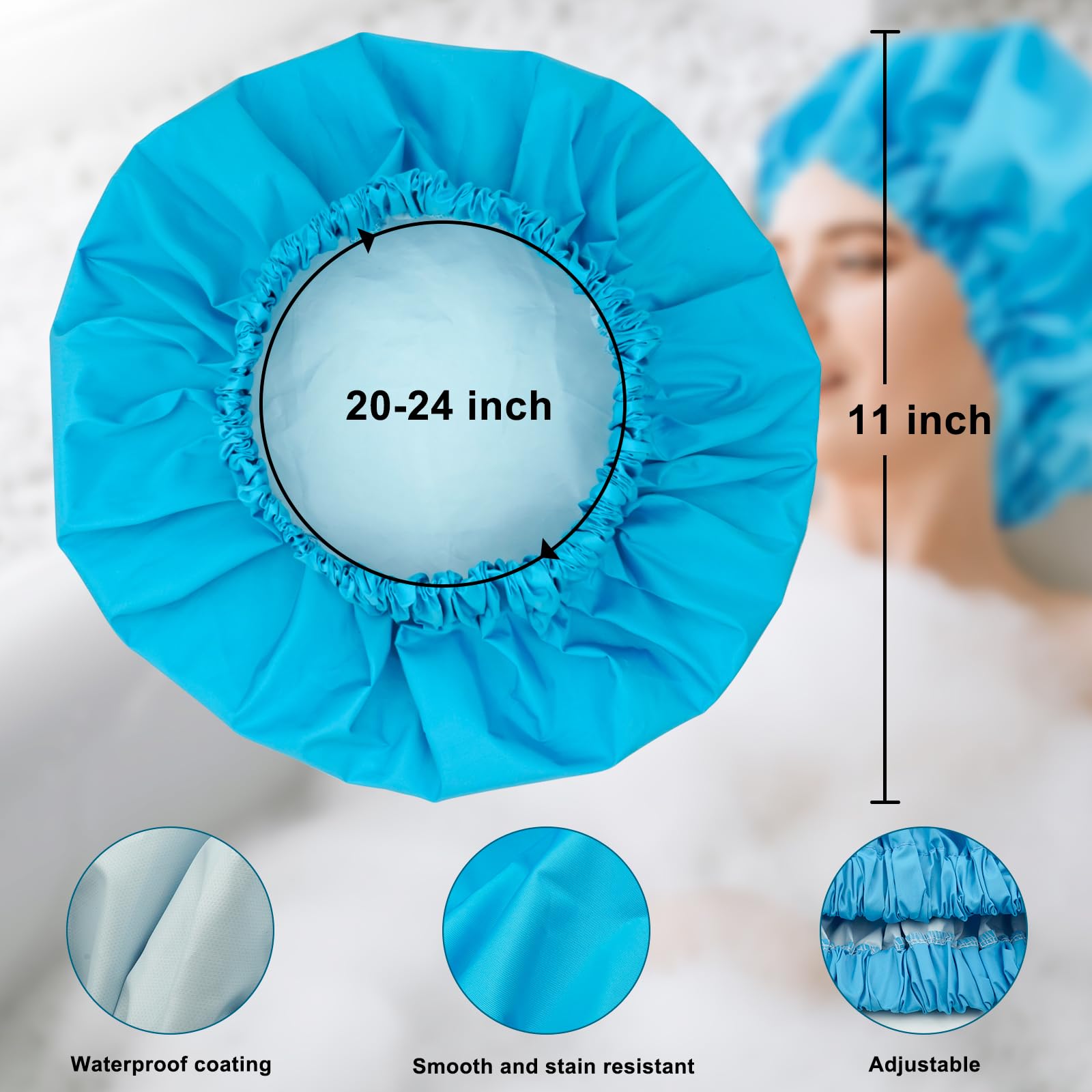 Reusable Shower Cap For Women, Large Waterproof Shower Bonnet Washable Elastic Band Bath Hair Hat For Long Hair, Braids(Lake Blu
