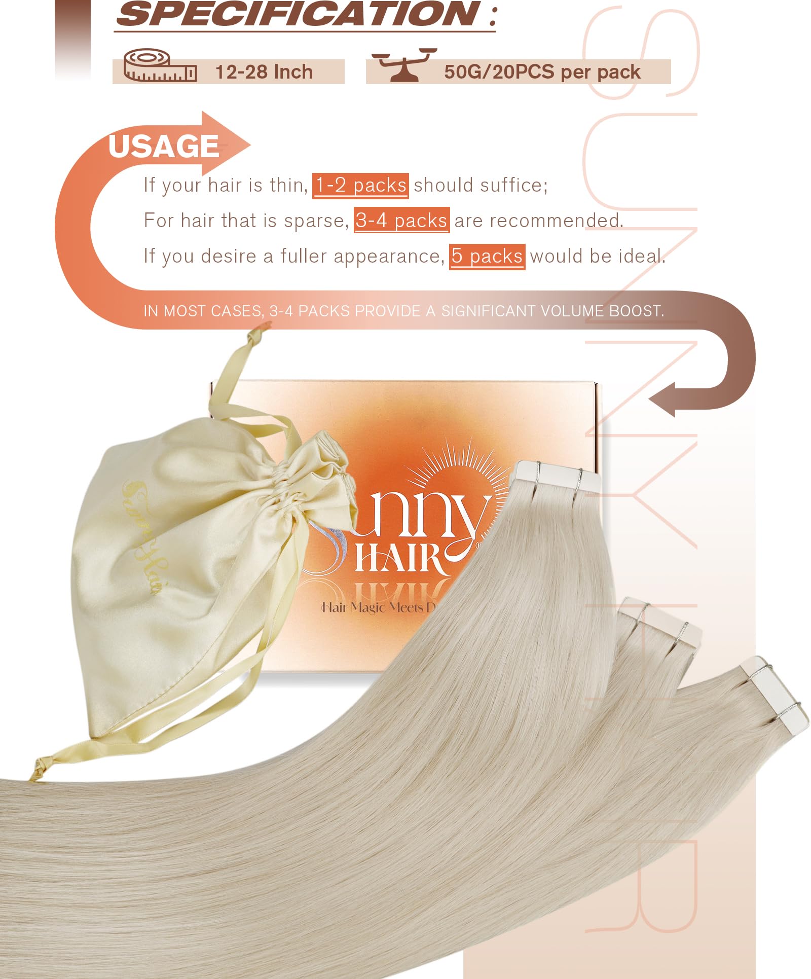Sunny Hair Tape in Hair Extensions Real Human Hair Invisible Remy Hair Extensions Tape ins for Women White Platinum Blonde 20 in