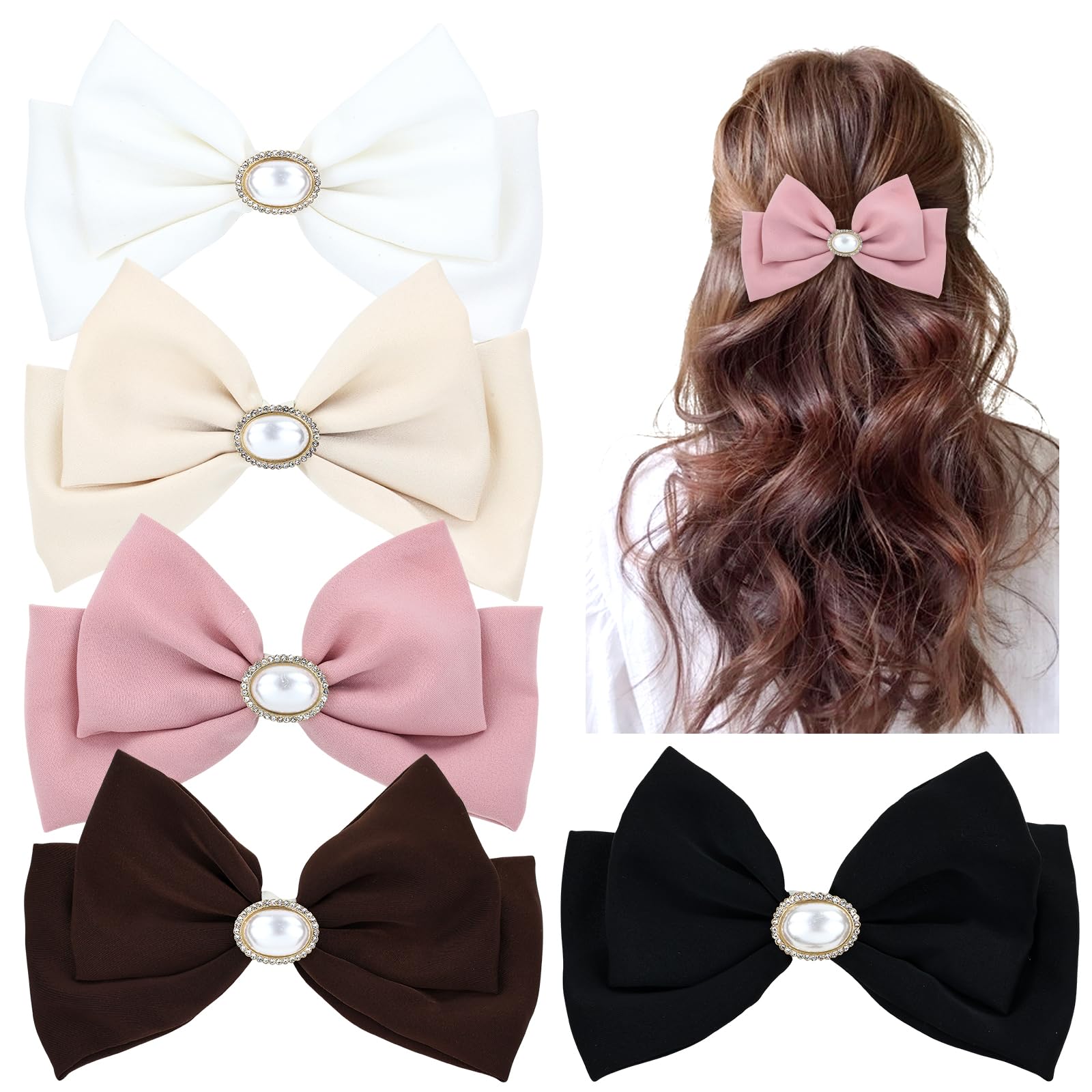 inSowni 5 Pieces Decorative Big Bow French Hair Barrettes with Pearl Rhinestone Spring Hair Bow Clips Pins Grips Accessories for