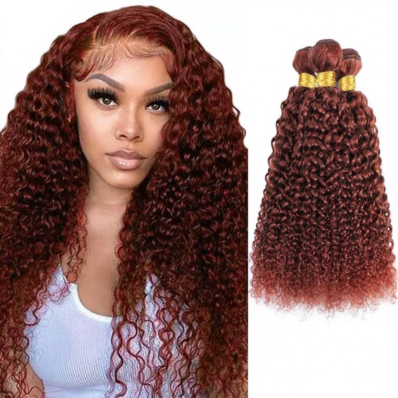 Kameinike 26 28 30 inch #33 Reddish Brown Human Hair Bundles Jerry Curly 3 Pcs 300g Unprocessed Brazilian Virgin Quick Weave Hai