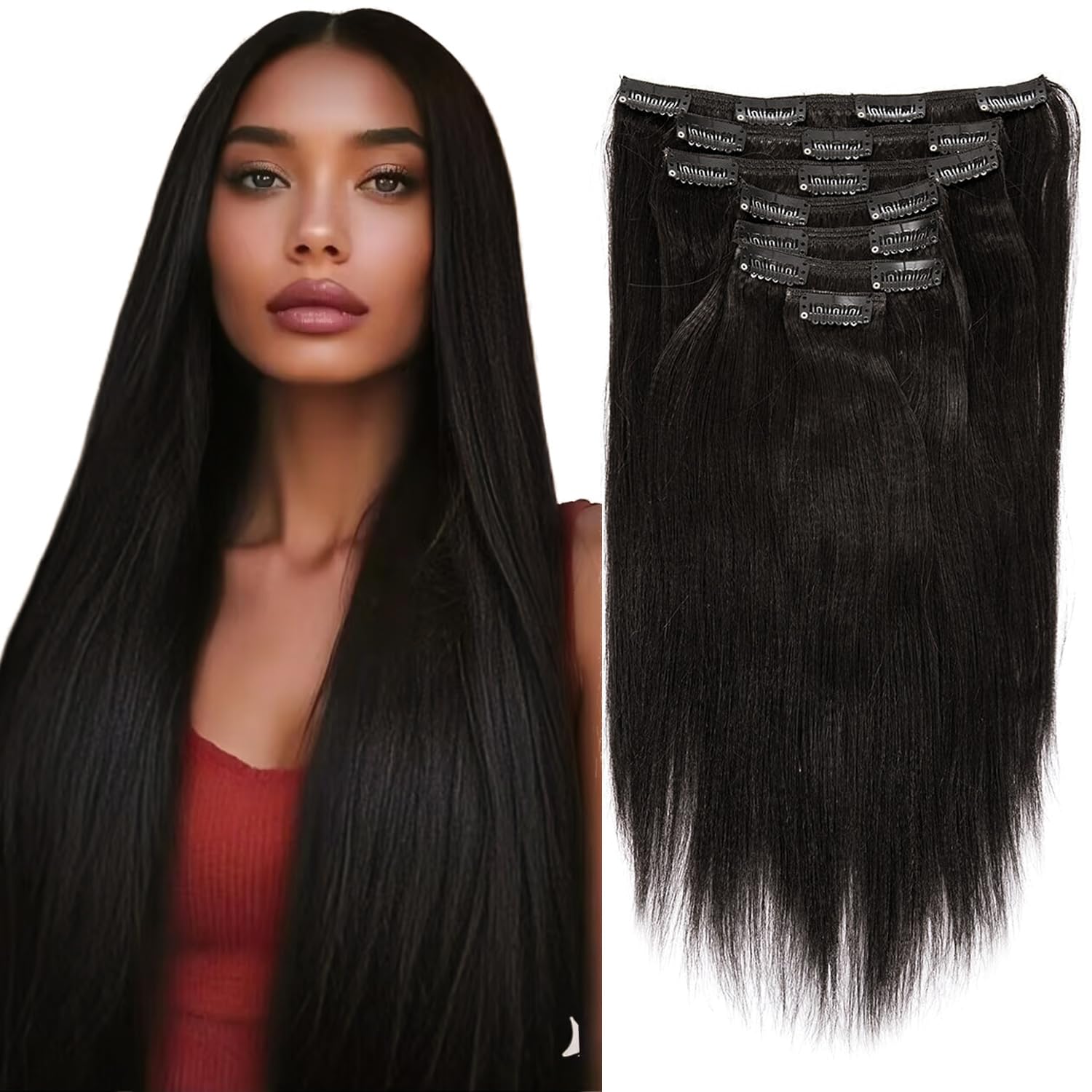 Anrosa Yaki Clip in Hair Extensions Human Hair for African American Relaxed Hair for 7 Piece 120 Gram, Natural Color Hair 12 Inc