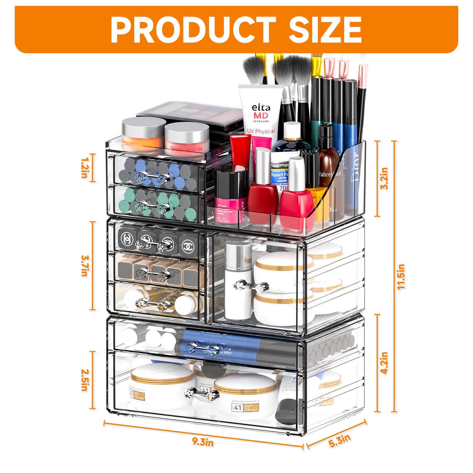 Cq Acrylic 3 Pack Clear Make Up Organizers For Vanity,Stackable 8 Drawers Skincare Organizer,Cosmetic Storage Organizer For Jewe