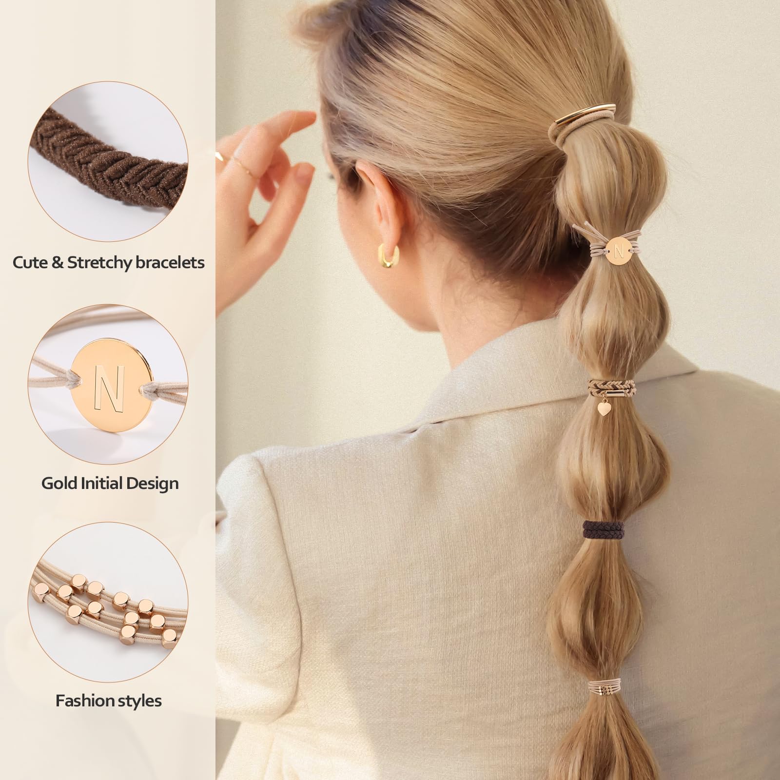6 Pcs Hair Bracelets For Women, Letter Boho Hair Ties For Thick & Thin Hair, Gold Initial Bracelet Sets, Dual-Use Stretch Bracel
