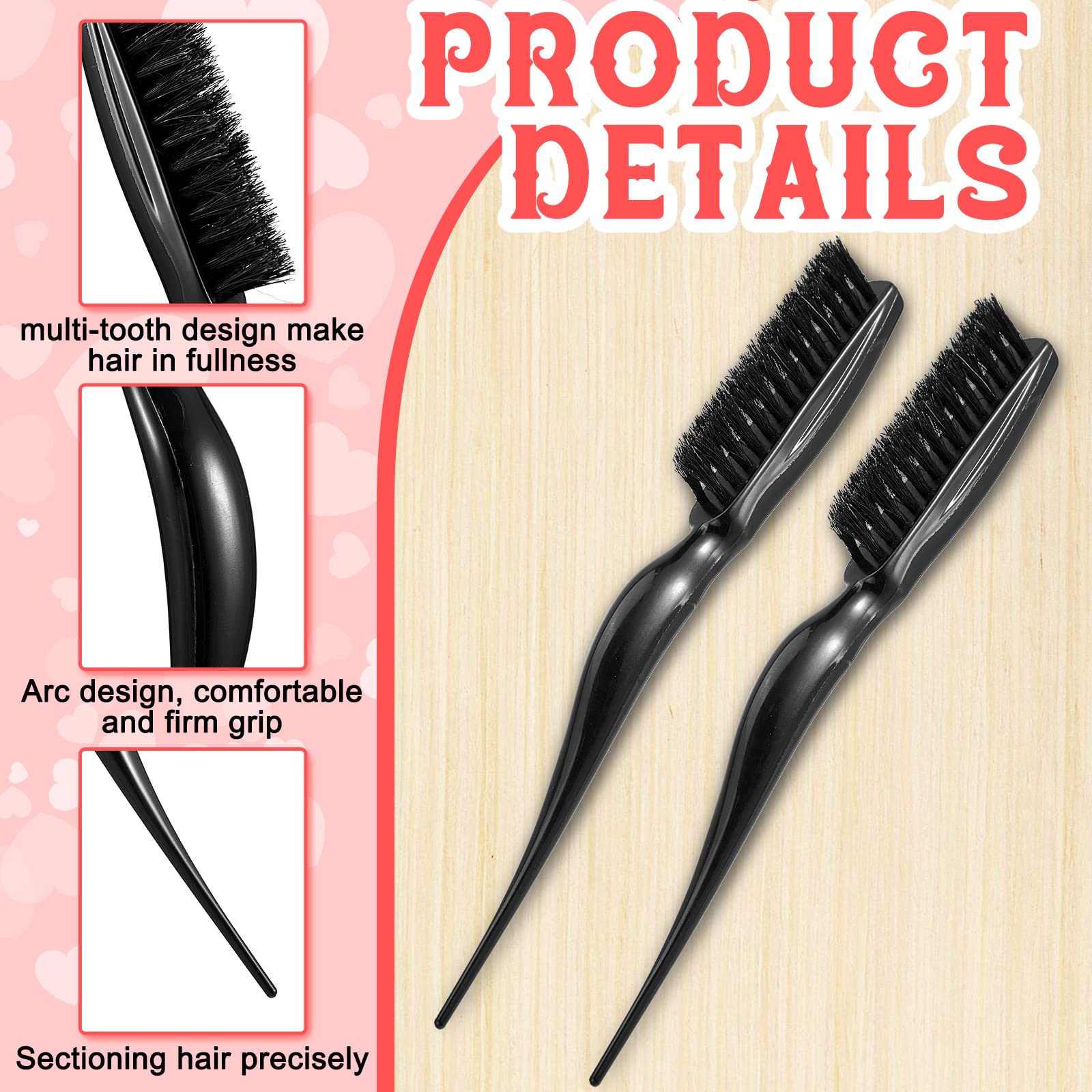 2 Pieces Boar Bristle Brush Comb Hair Teasing Brush For Women Men Salon Boar Nylon Bristle Beauty Styling Backcombing Brush (Bla