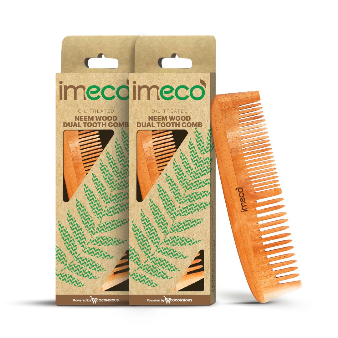 Imeco Kacchi Neem Wood Wide Tooth Comb (Pack Of 2) | Soaked In 17 Herbs & Sesame Oil | Frizz Control, Anti-Static & Dandruff Car