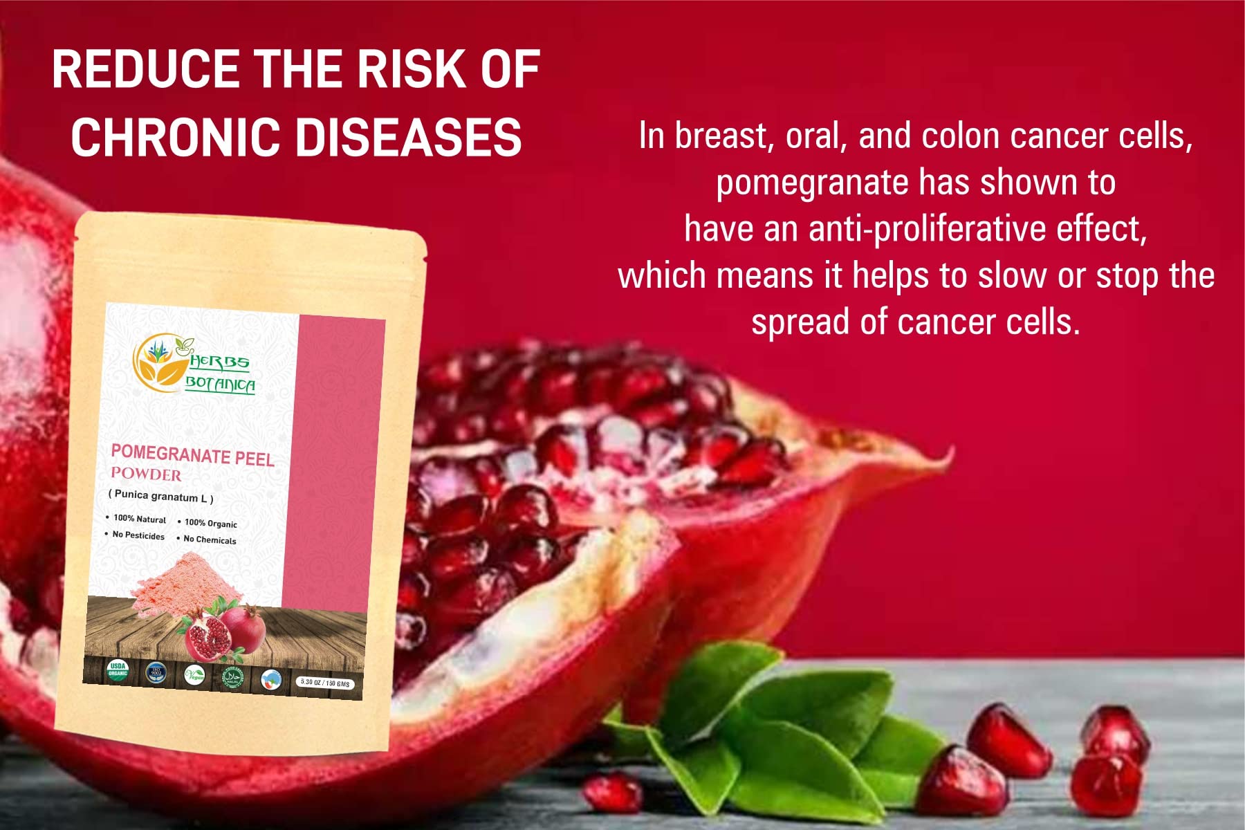 Herbs Botanica Pomegranate Peel Powder 5.3 Oz / 150 Gms, Natural Punica Granatum | Promote Youthful Skin | Gluten Free & Non Gmo