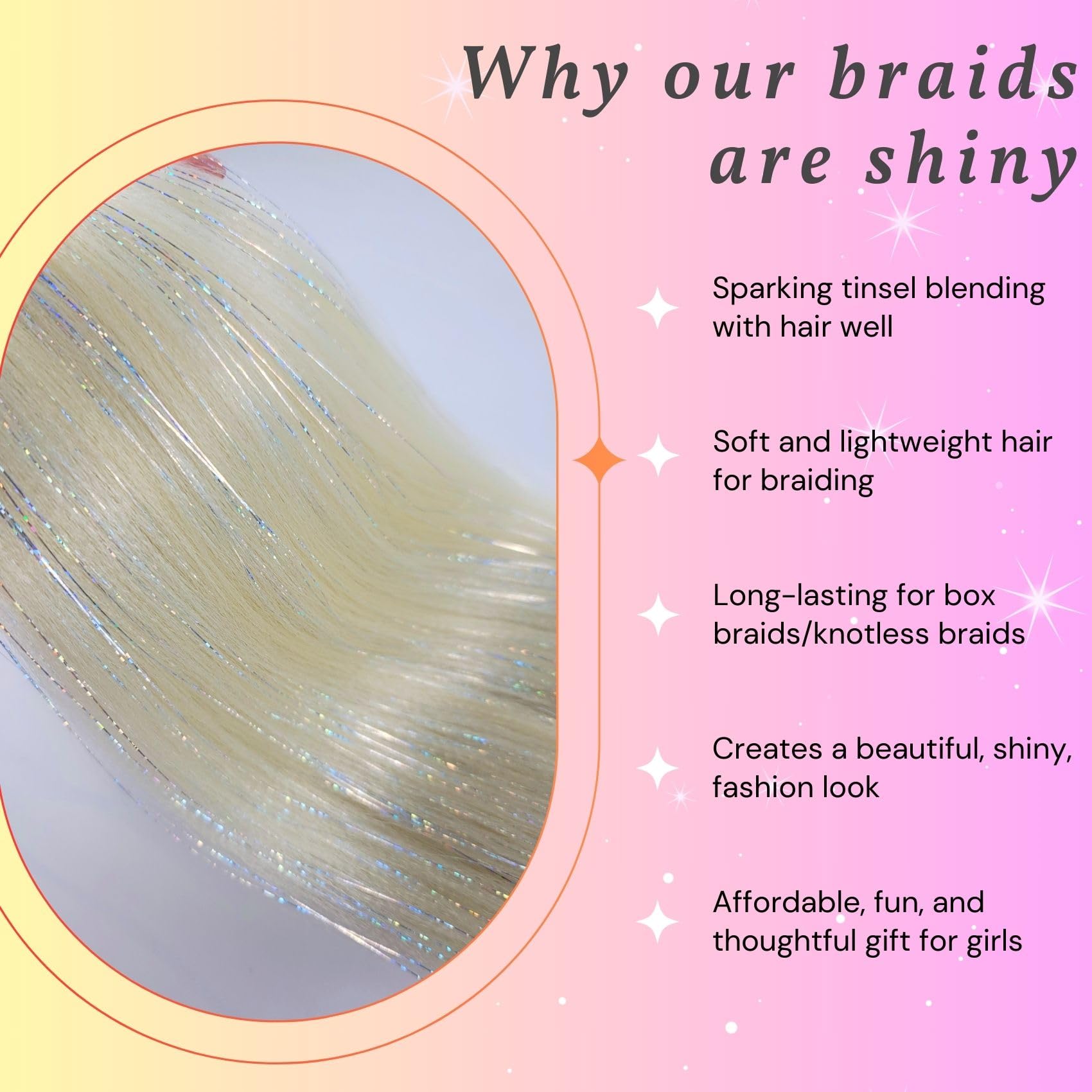 Sparkling Blonde Tinsel Braiding Hair Pre Stretched Glitter Braiding Hair Extensions For Knotless Box Braids(26Inch 4 Packs)