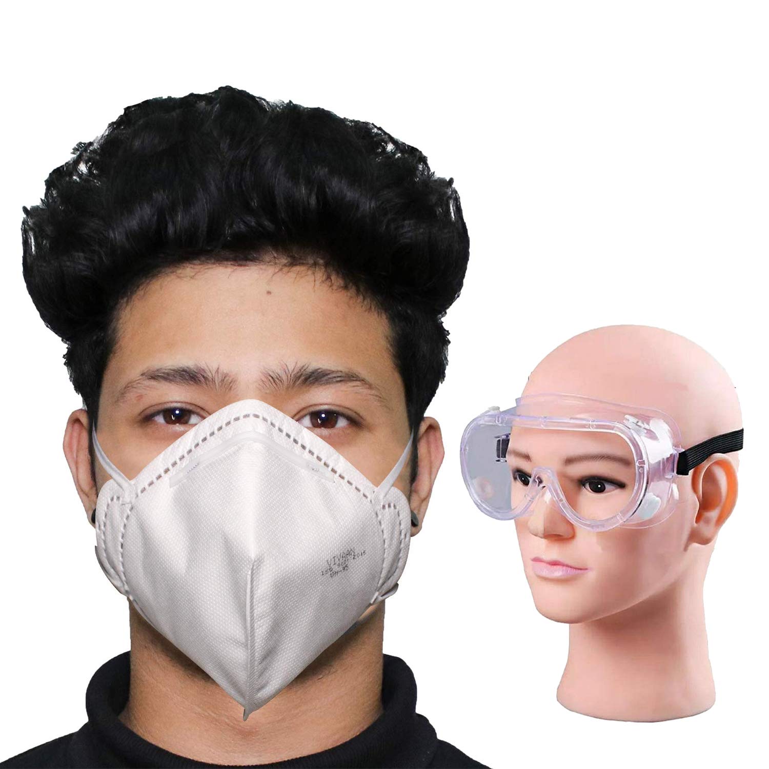 Zureni Combo Of 1 Piece Goggle VN95 Sitra Approved 5 Layer Disposable Face Mask With Nose Pin Mouth Cover For Men & Women (50 P