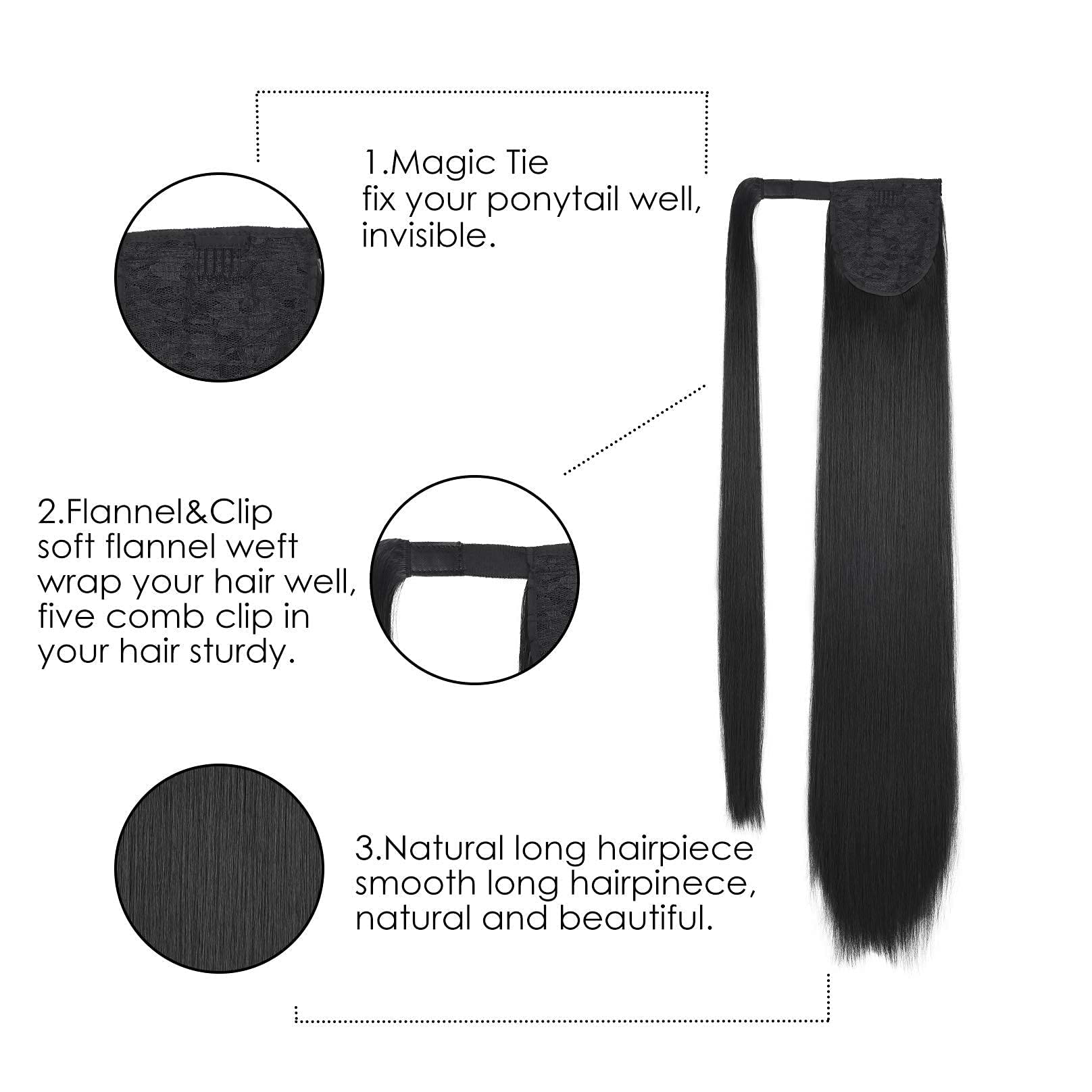 Seikea 32 Inch Clip In Ponytail Extension Wrap Around Long Straight Pony Tail Hair Synthetic Hairpiece For Women - Black