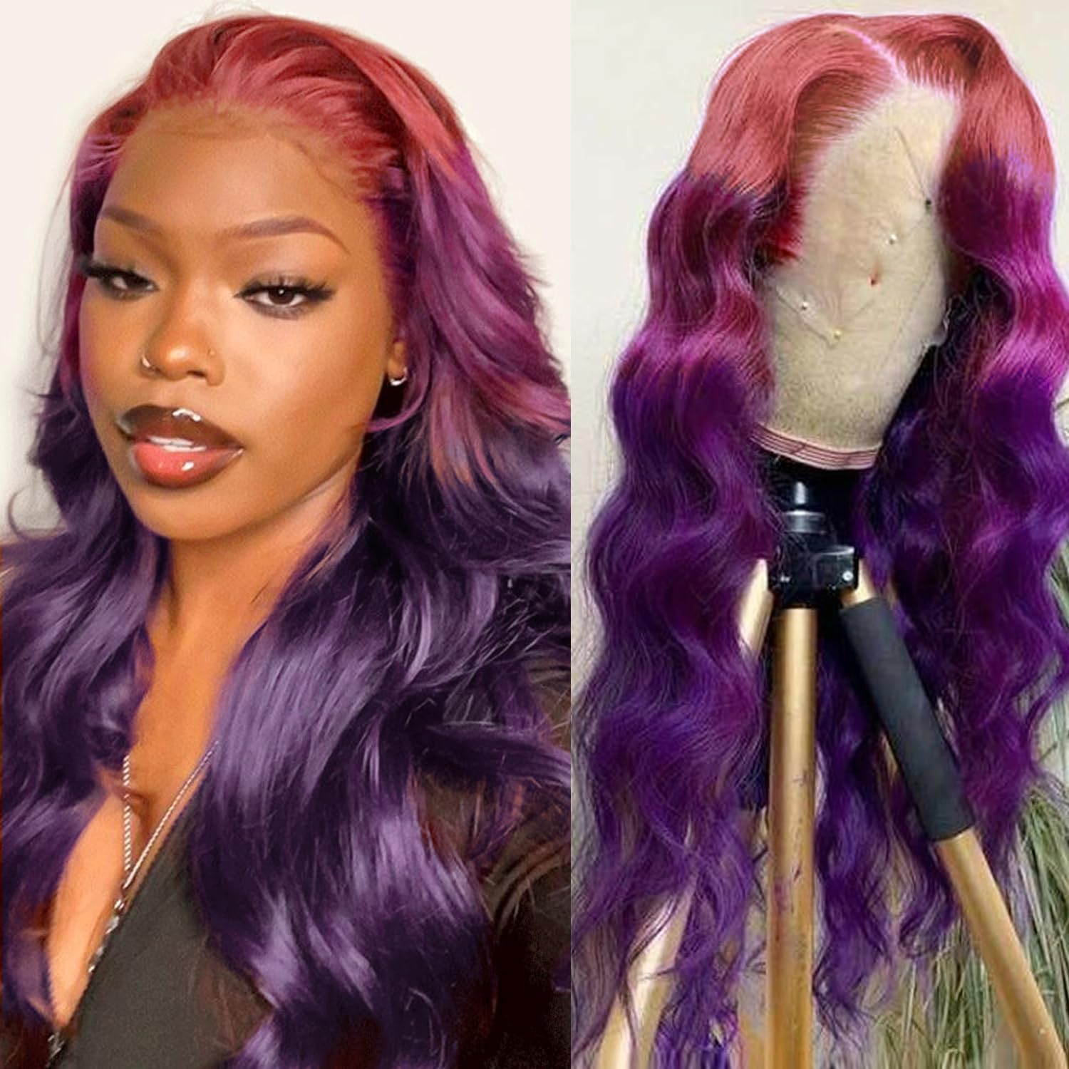 Purple Ombre 13X4 Hd Lace Front Wig Human Hair Body Wave 3 Tone Pink To Purple Glueless Wigs Dark Pink Root Rainbow Colored Lace
