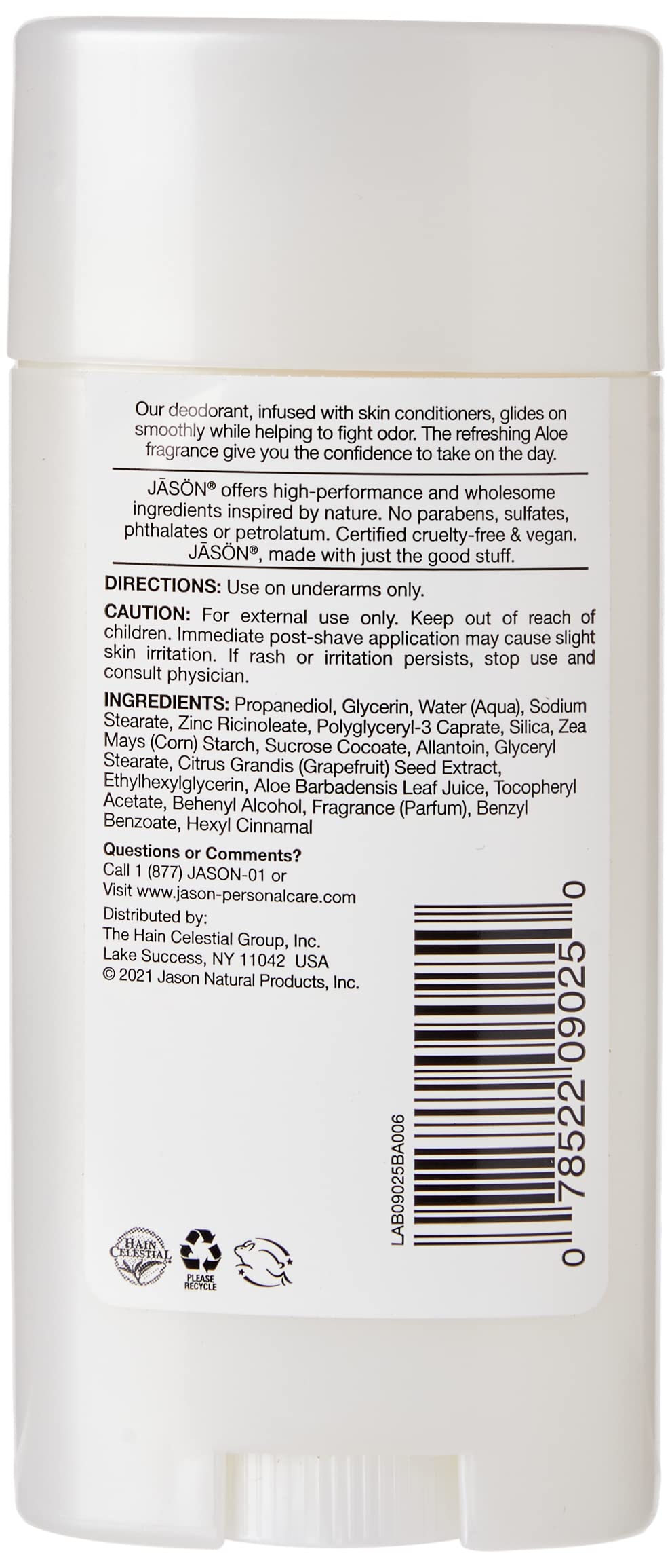 Jason Aluminum Free Deodorant Stick, Soothing Aloe Vera, 2.5 Oz (Packaging May Vary)