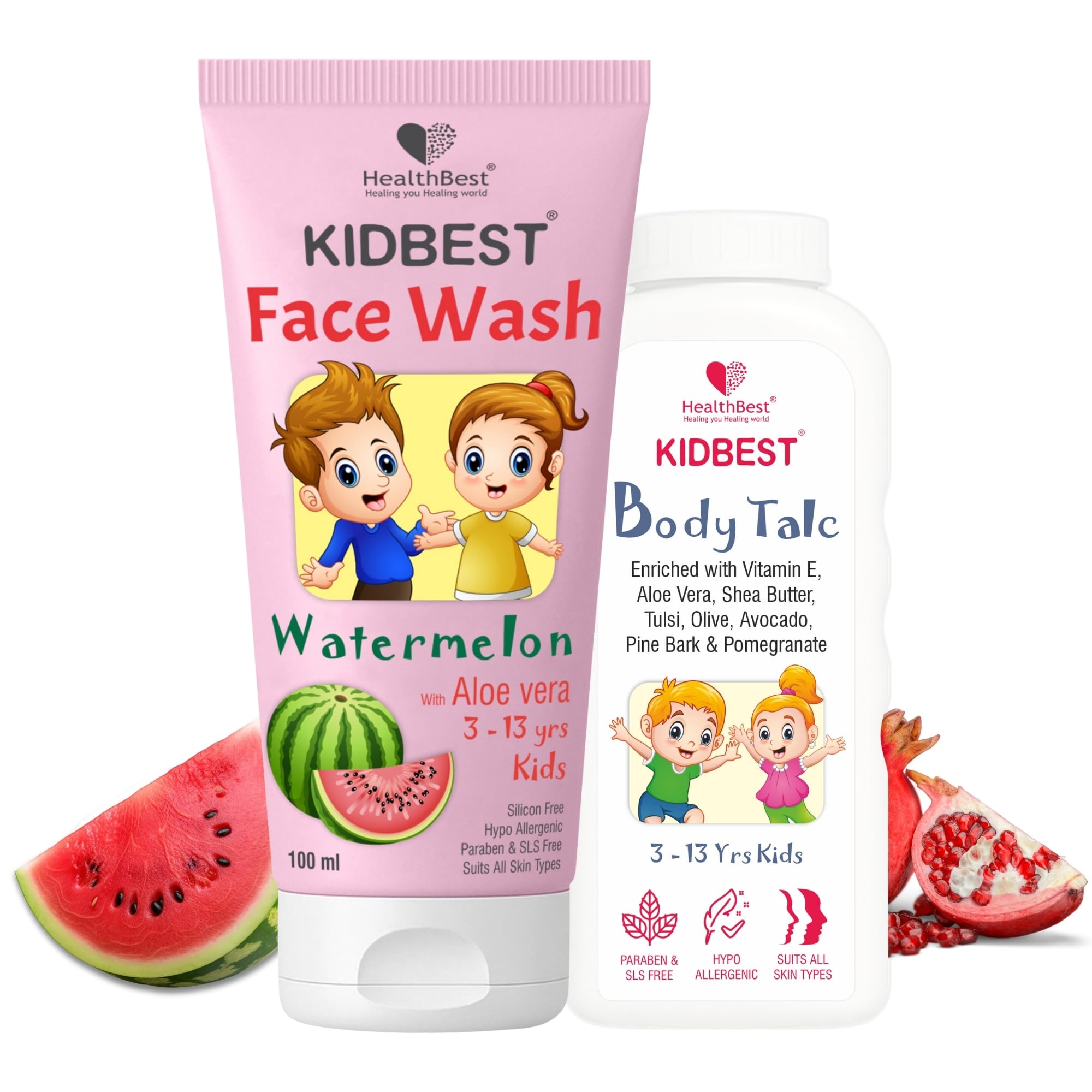 Healthbest Kids Natural Face Wash 100Ml & Body Talc Powder 100G Combo | Gentle Daily Cleansing + SweatAbsorbing, Cooling Powder