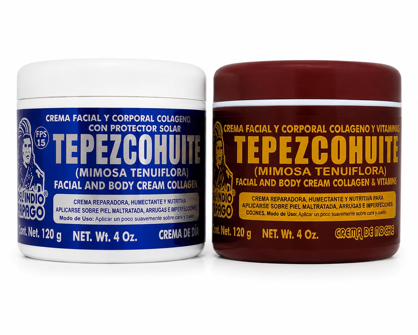 Del Indio Papago Tepezcohuite Cream Day & Night Set  Facial & Body Moisturizer with Collagen & Vitamins  Mimosa Tenuiflora Ski