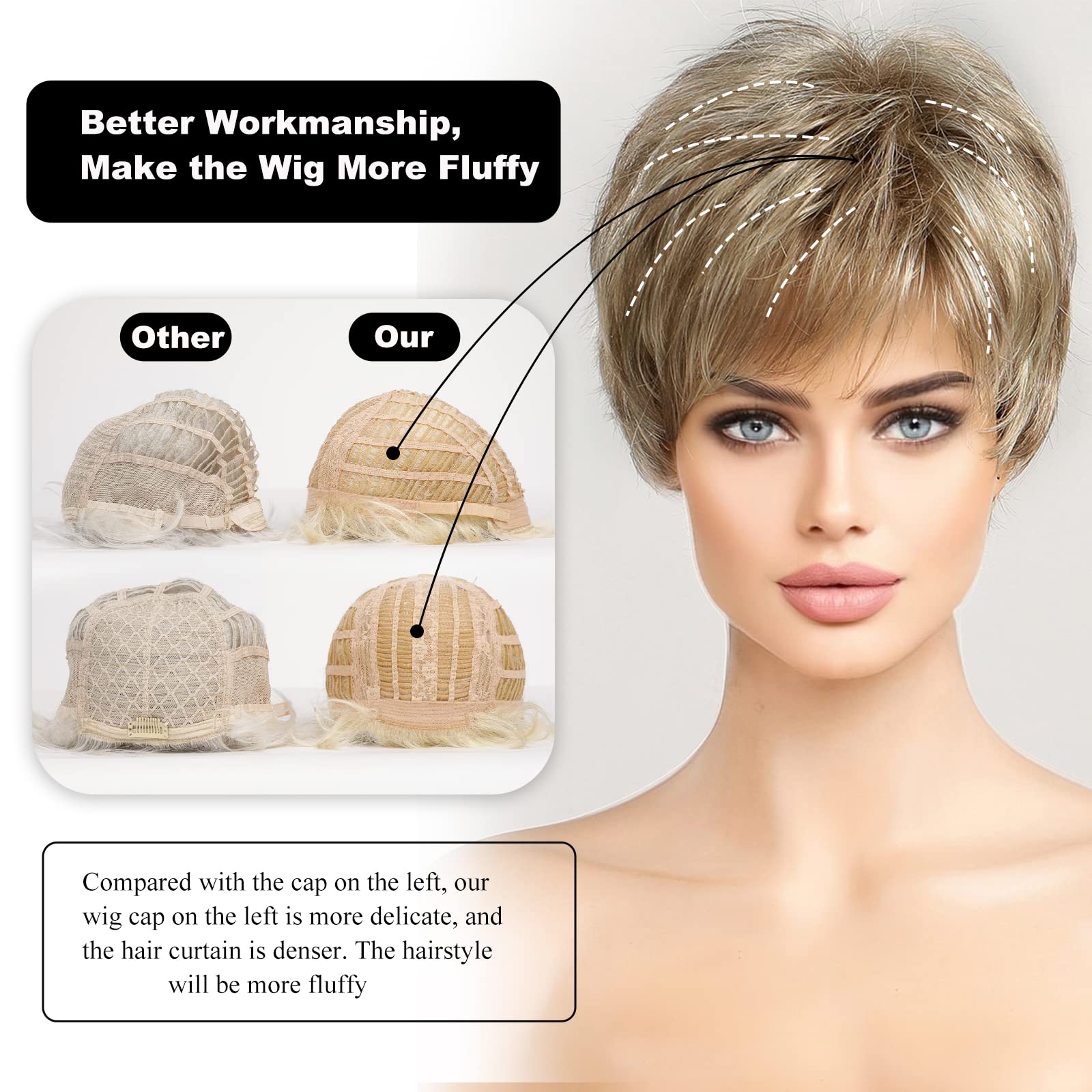 Haircube Human-Hair Like Texture Light Blonde Mixed Off-White Short Pixie Cut Wigs For Women With Bangs Synthetic Replacement Wi