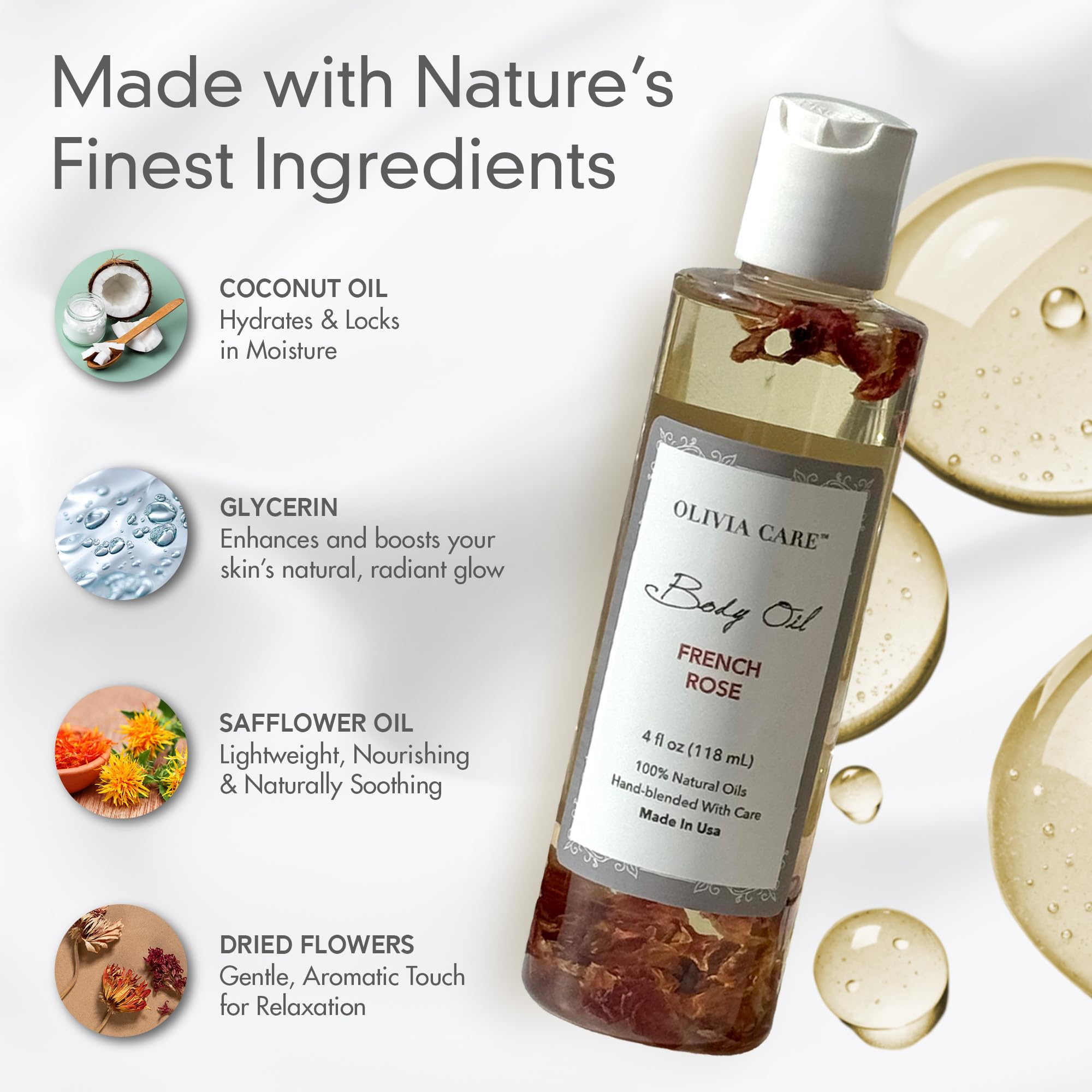 Olivia Care Body Oil - Natural Perfume Oil For Women | Hydrating & Moisturizing After Bath Oil - Infused With Vitamin E, K & Ome