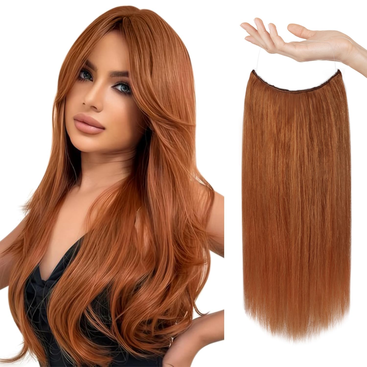 Sunny 80g Wire Hair Extensions Copper Invisible Wire Hair Extensions with Adjustable Clips Human Hair Extensions Wire Orange Cop