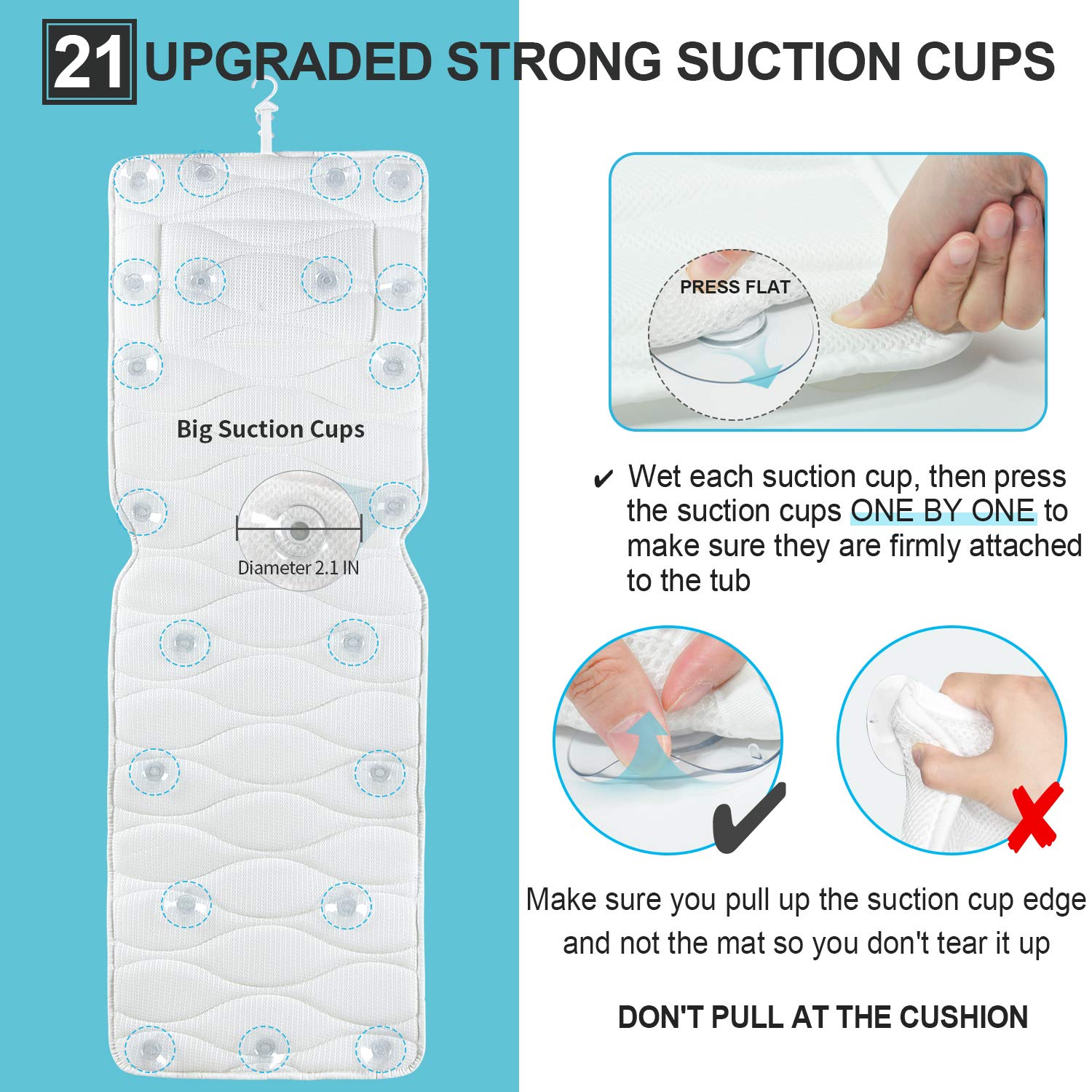 Full Body Bath Pillow, Bath Pillows For Tub With Mesh Washing Bag & 21 Non-Slip Suction Cups, Spa Bathtub Pillow For Head Neck S