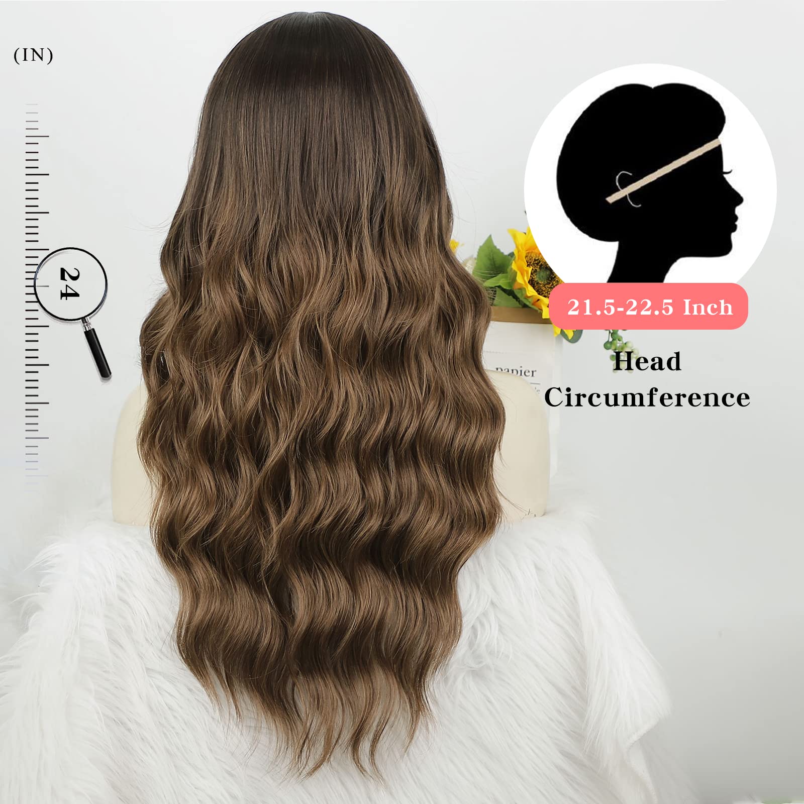 AISI QUEENS Long Brown Wavy Wigs for Women, Ombre Brown Curly Wig Middle Part Hair Replacement Wigs Synthetic Heat Resistant Fib