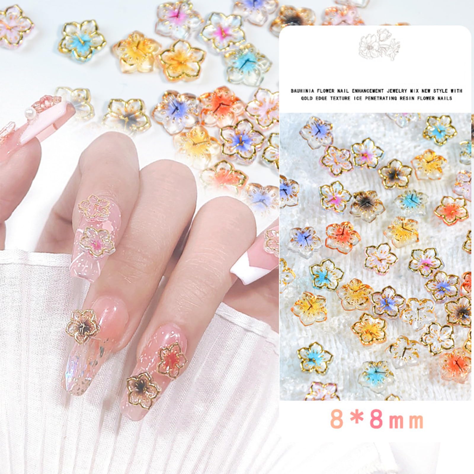 100Pcs Flower Nail Art Charms Gold Edge Resin Flower Nail Art Rhinestones Cute Summer Floral Nail Rhinestone Diamonds Kawaii Col