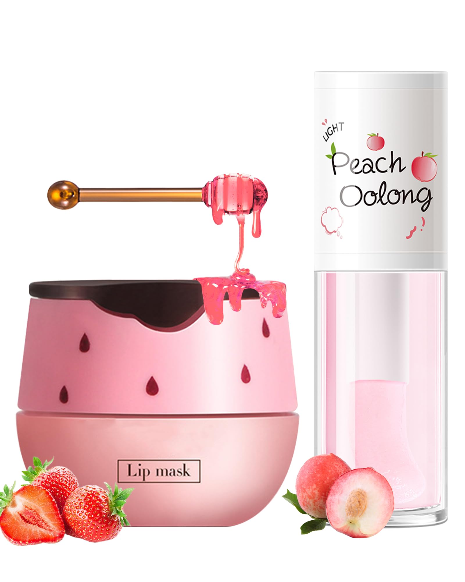 2PCS Strawberry Lip Balm Honey Pot Lip Mask & Hydrating Lip Glowy Oil Lip Care Set, Lip Moisturizing Treatment Nourishing Lip Gl