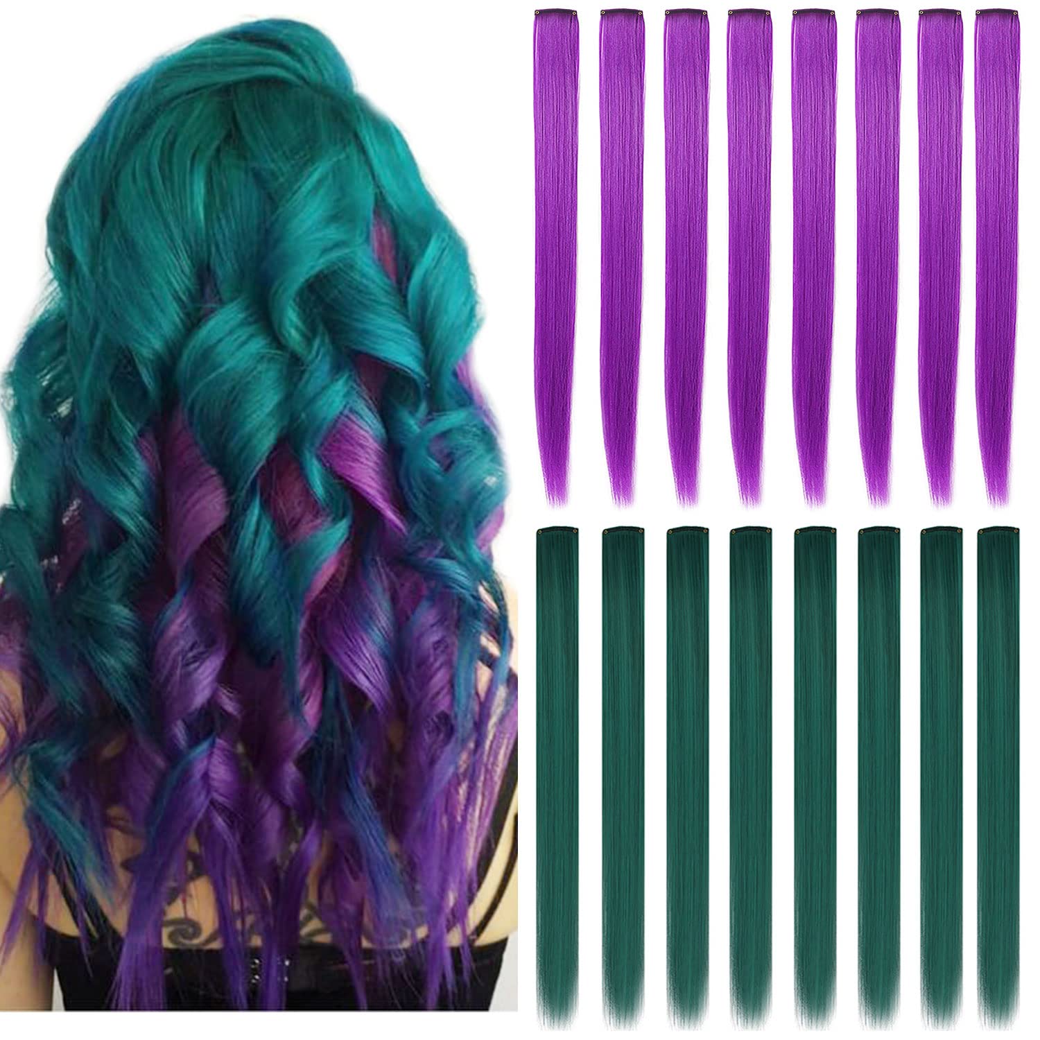 SARARHY 16 PCS Colored Clip in Hair Extensions, 21 Inch Long Straight Hairpieces Clip in Synthetic, Cosplay Dress Up Fashion Par