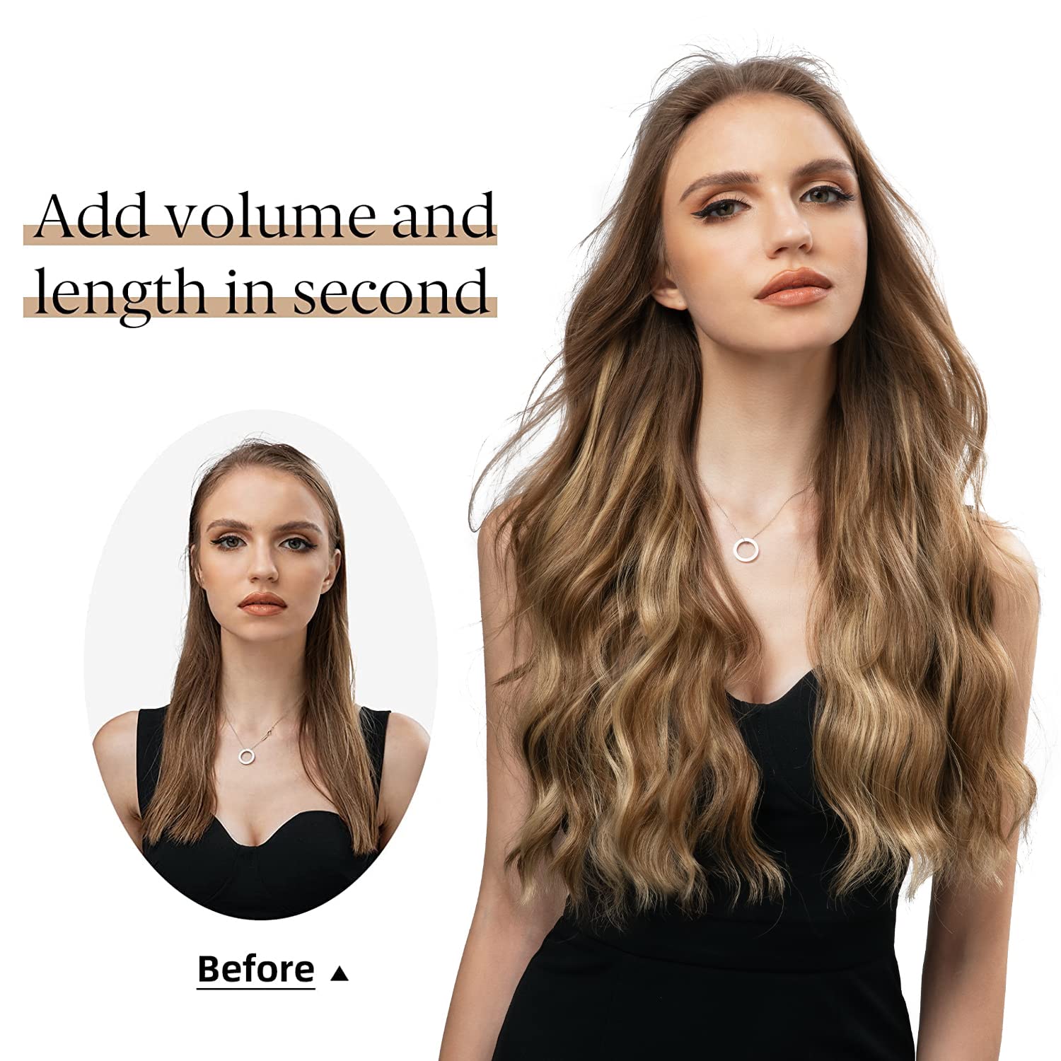 SARLA Ombre Invisible Wire Hair Extension with 3 Clips Synthetic Long Beach Wave Hairpiece Transparent Adjustable Headband for W